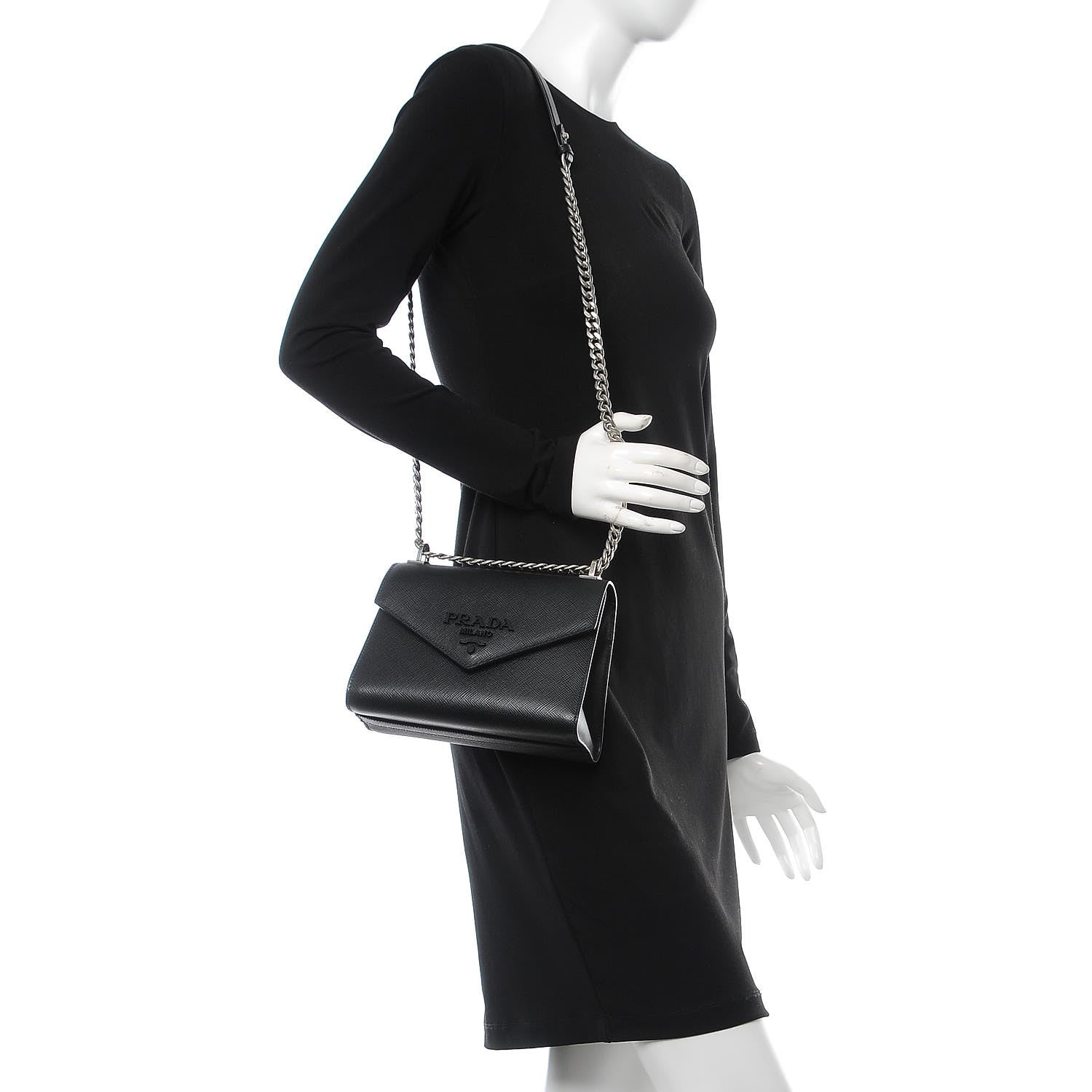 Prada Saffiano Cuir Calfskin Monochrome Envelope Flap Chain Shoulder Bag Black 2 of 6