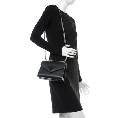 Prada Saffiano Cuir Calfskin Monochrome Envelope Flap Chain Shoulder Bag Black 2 of 6