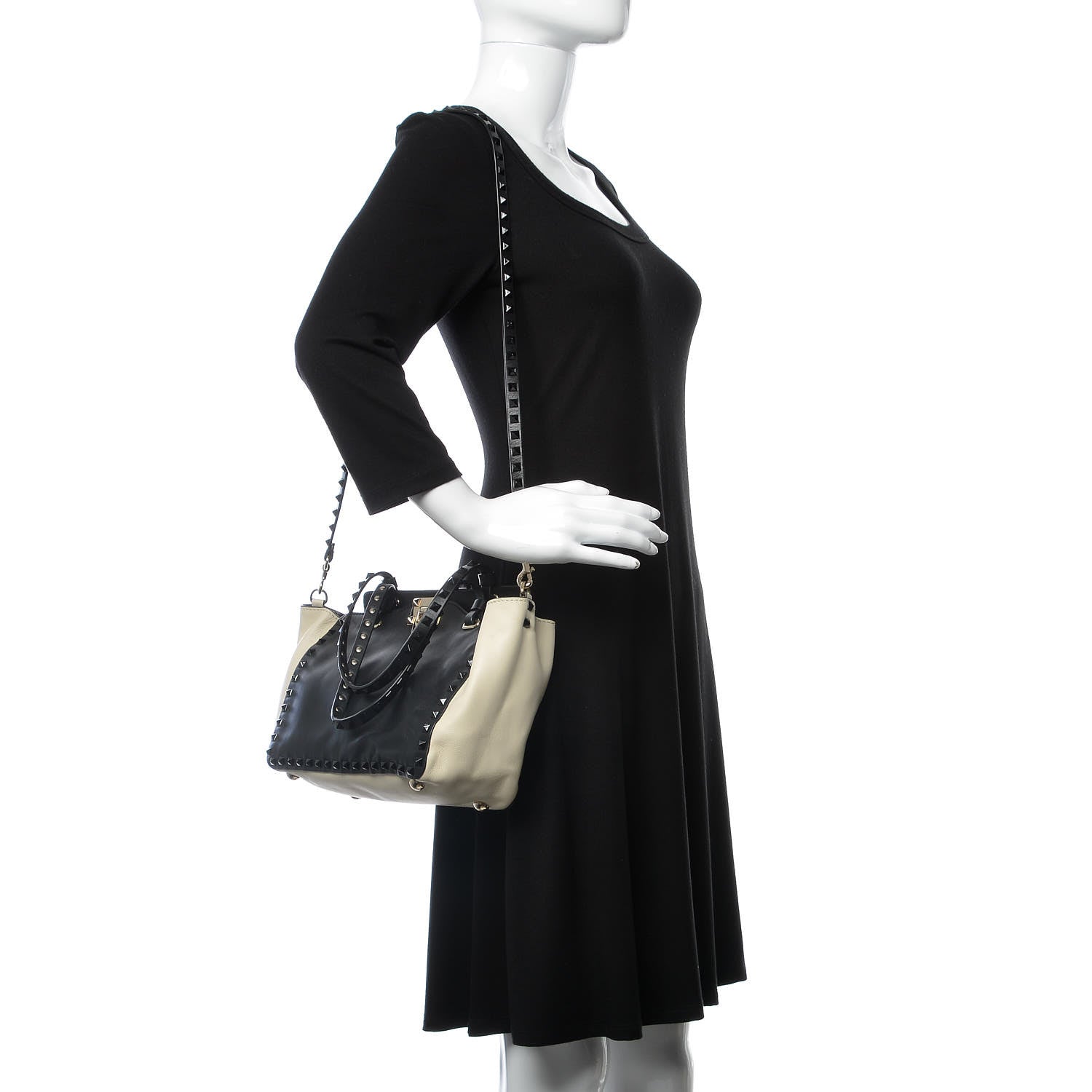 Valentino Garavani Vitello Monochrome Small Rockstud Tote Black Light Ivory 2 of 12
