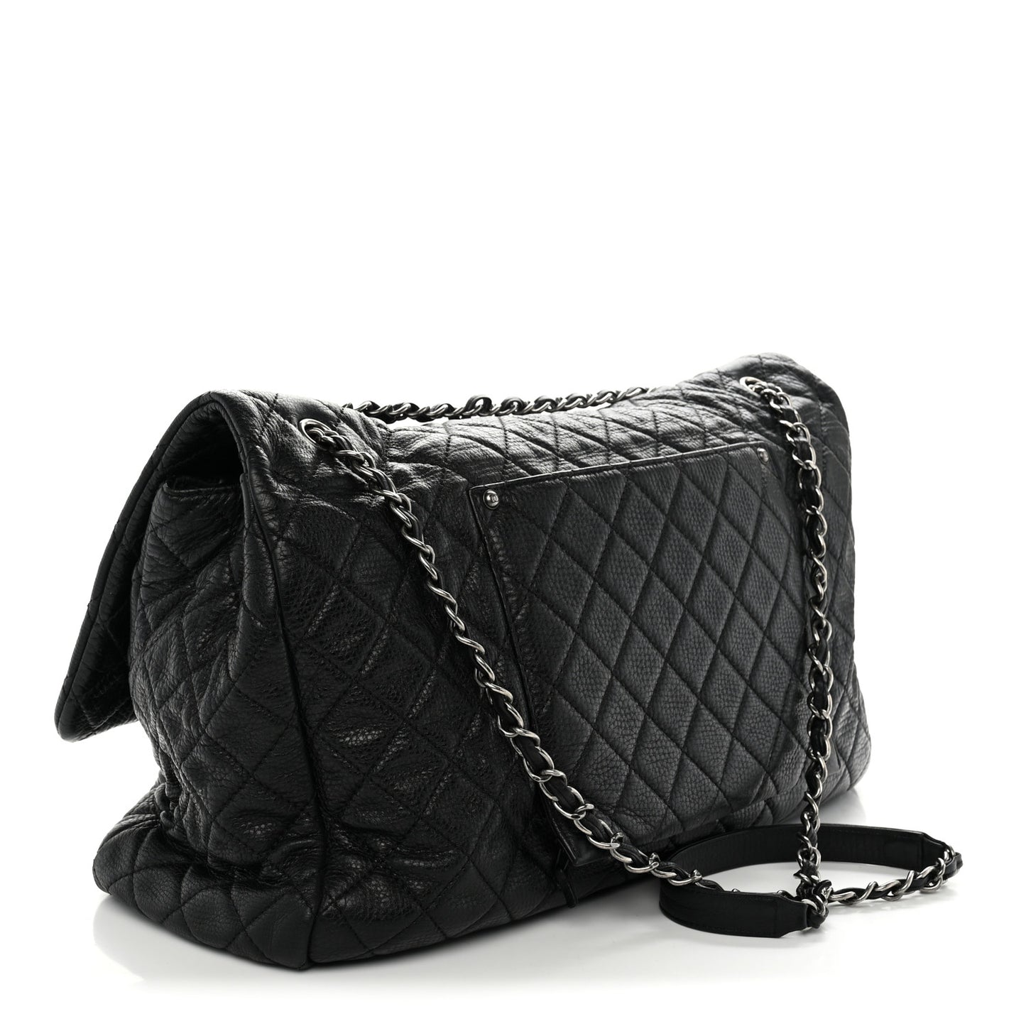 Grained Calfskin Quilted XXL Travel Flap Bag Black