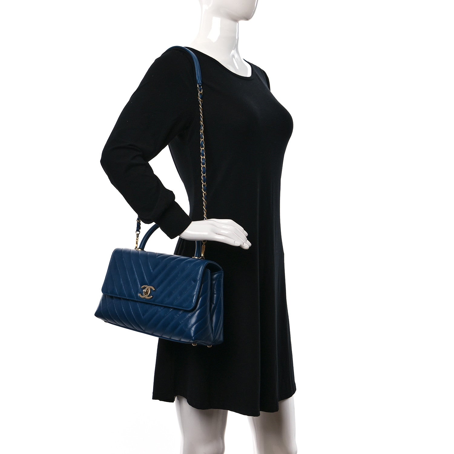 Chanel Calfskin Chevron Quilted Small Coco Handle Flap Blue 3 of 9