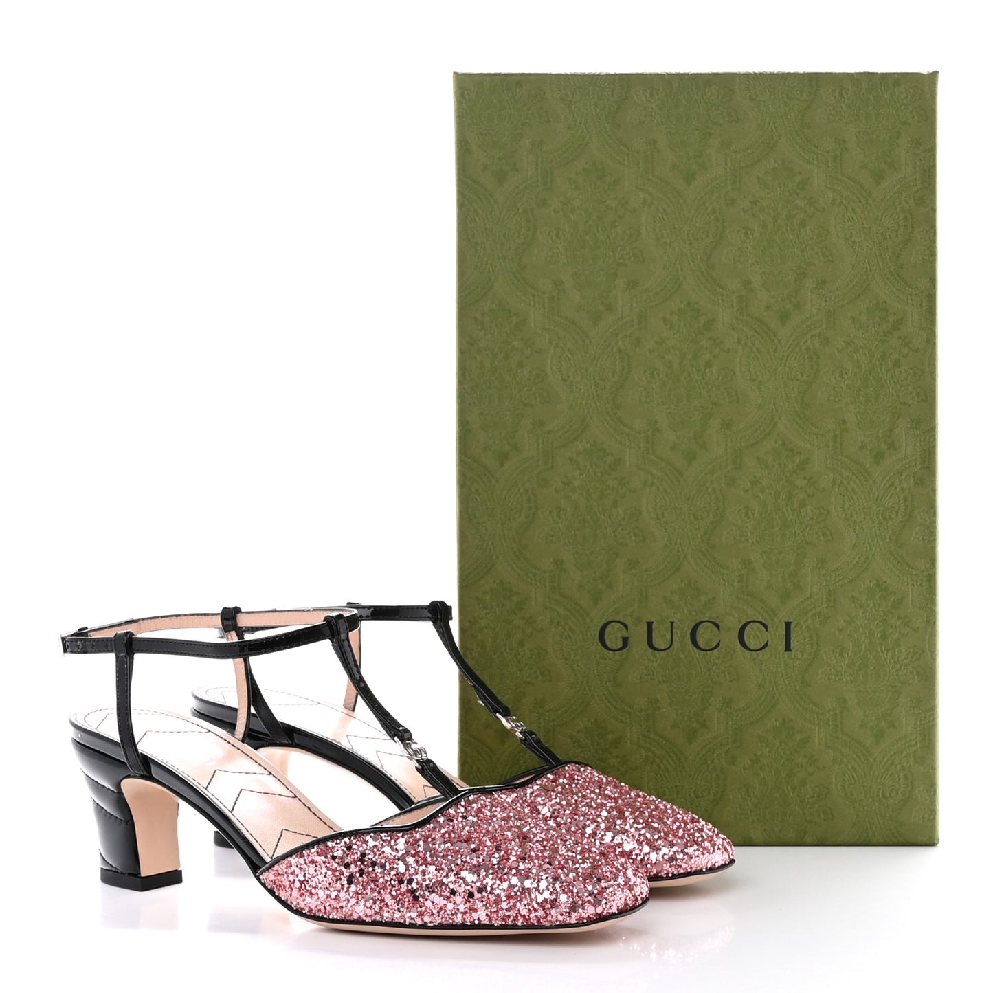 Calfskin Glitter Double G 55mm Slingback Pumps 37 Black Pink Glitter