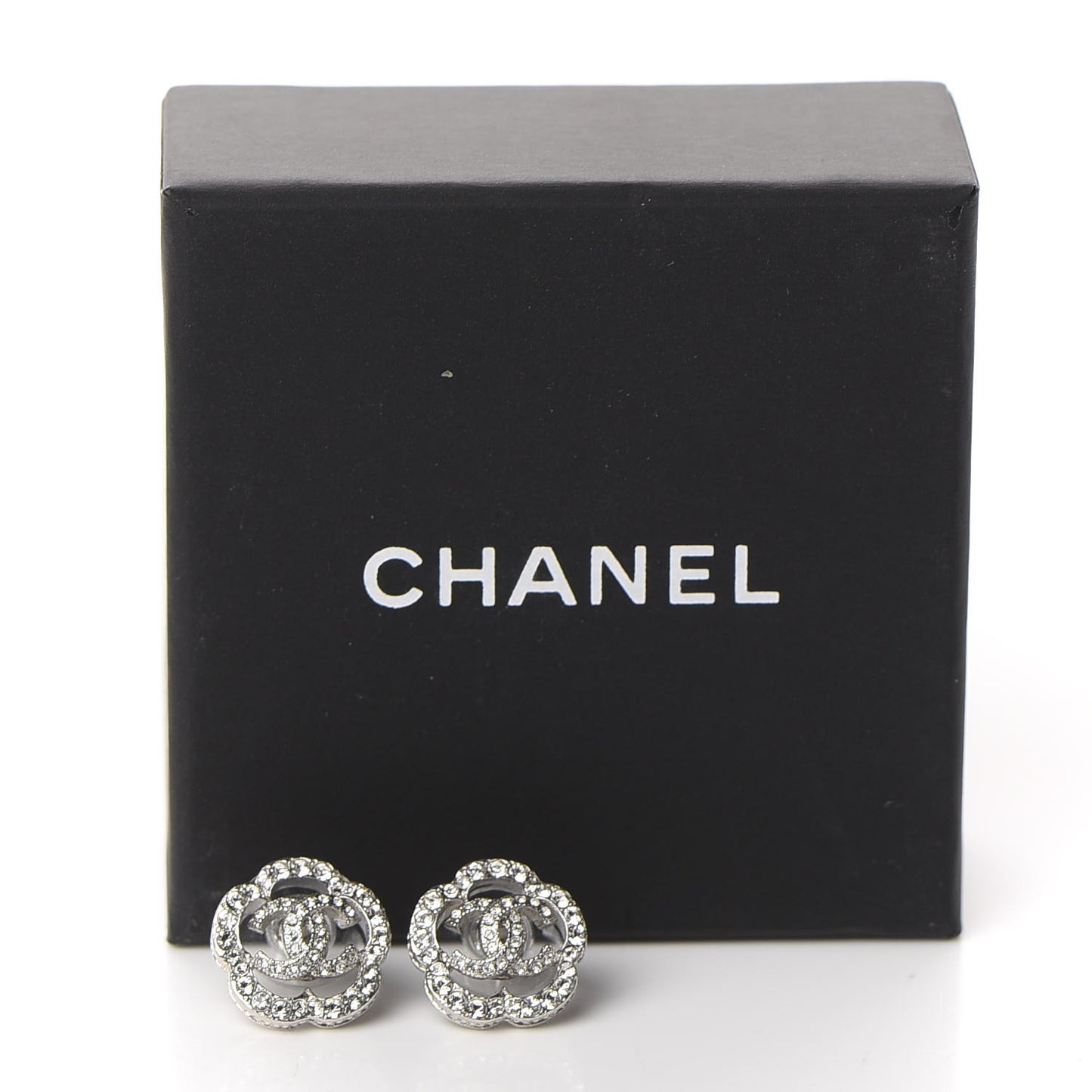 Crystal Coco Flapper Camellia CC Stud Earrings Silver