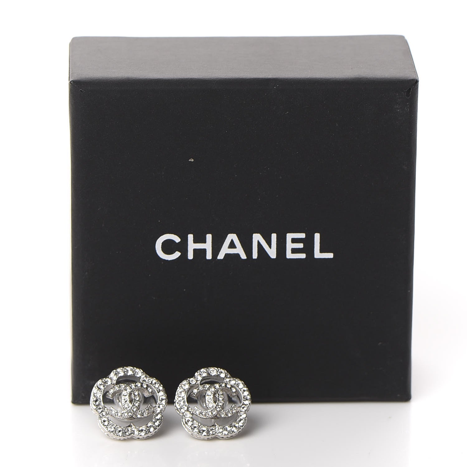 Chanel Crystal Coco Flapper Camellia CC Stud Earrings Silver 5 of 5