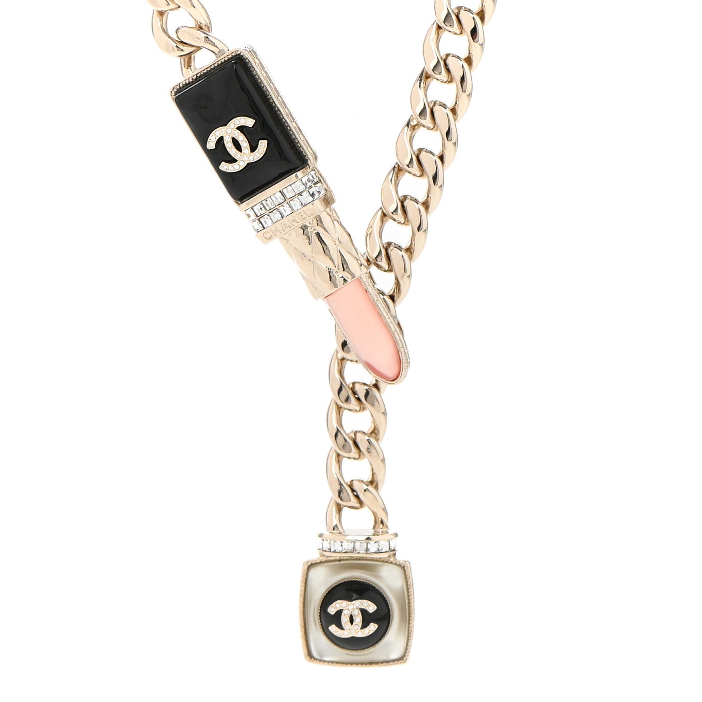 Metal Strass Pearl Lipstick Necklace Pink Gold