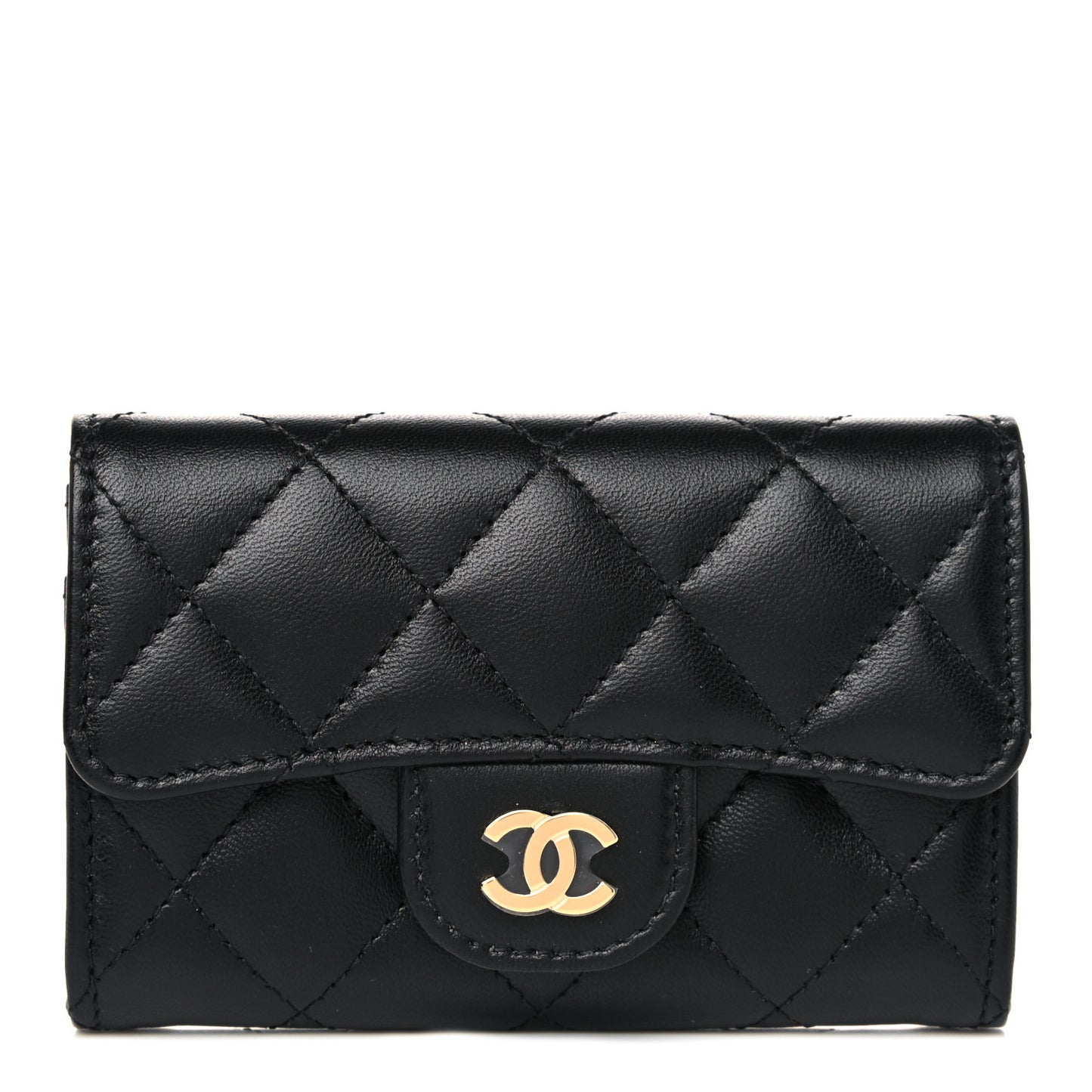 Lambskin Quilted Flap Card Holder Wallet Black