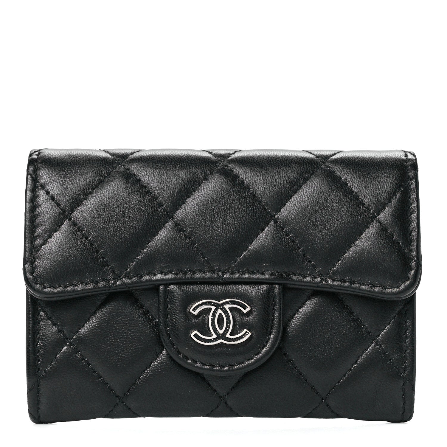 Chanel Lambskin Quilted Glitter CC Flap Card Holder Wallet Black 1 of 12