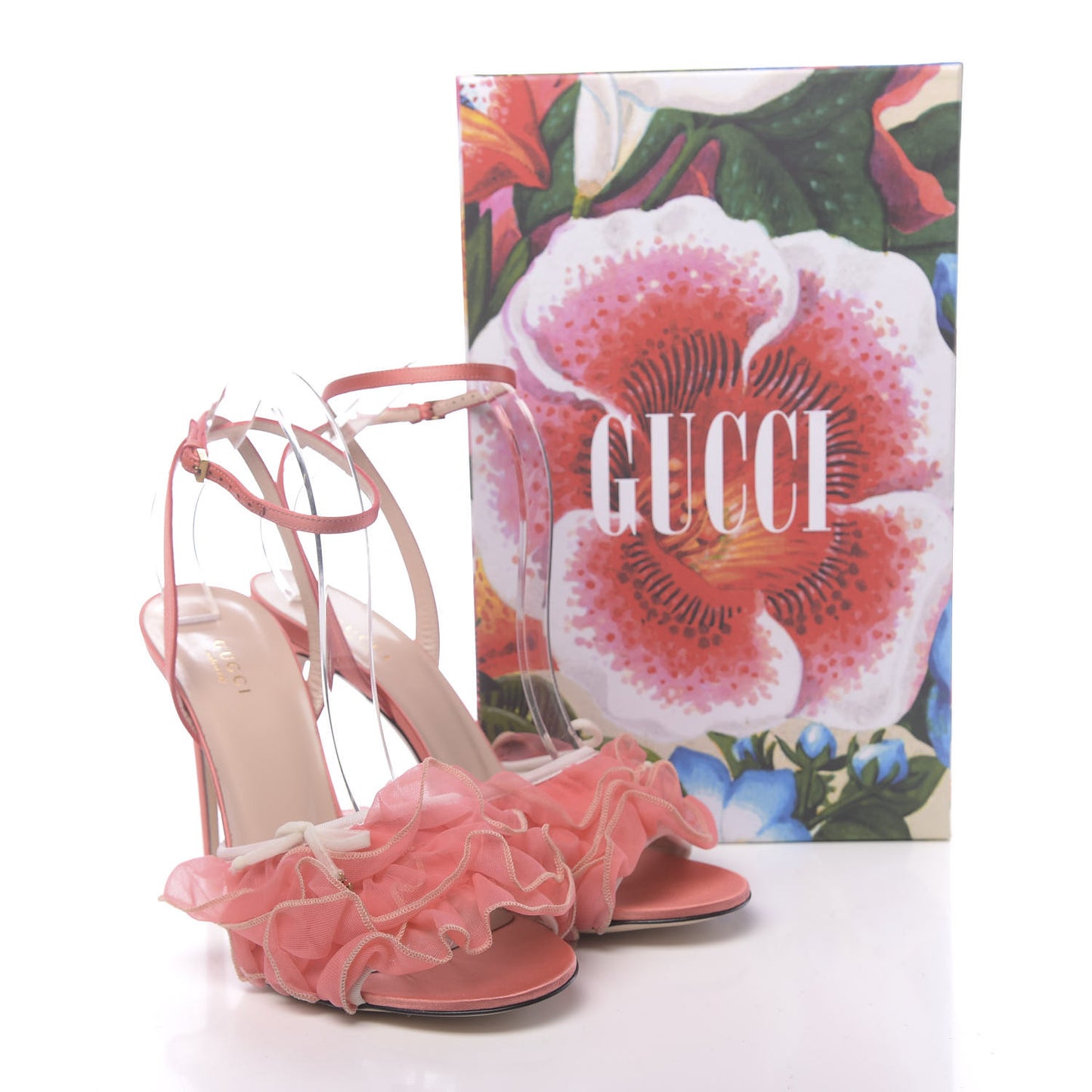 Tulle Ruffle High Heel Slingback Sandals 40.5 Peach White
