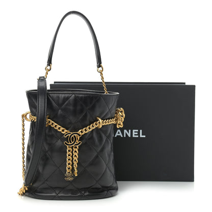Chanel Lambskin Enamel Quilted Pending CC Bucket Drawstring Bag Black 11 of 11