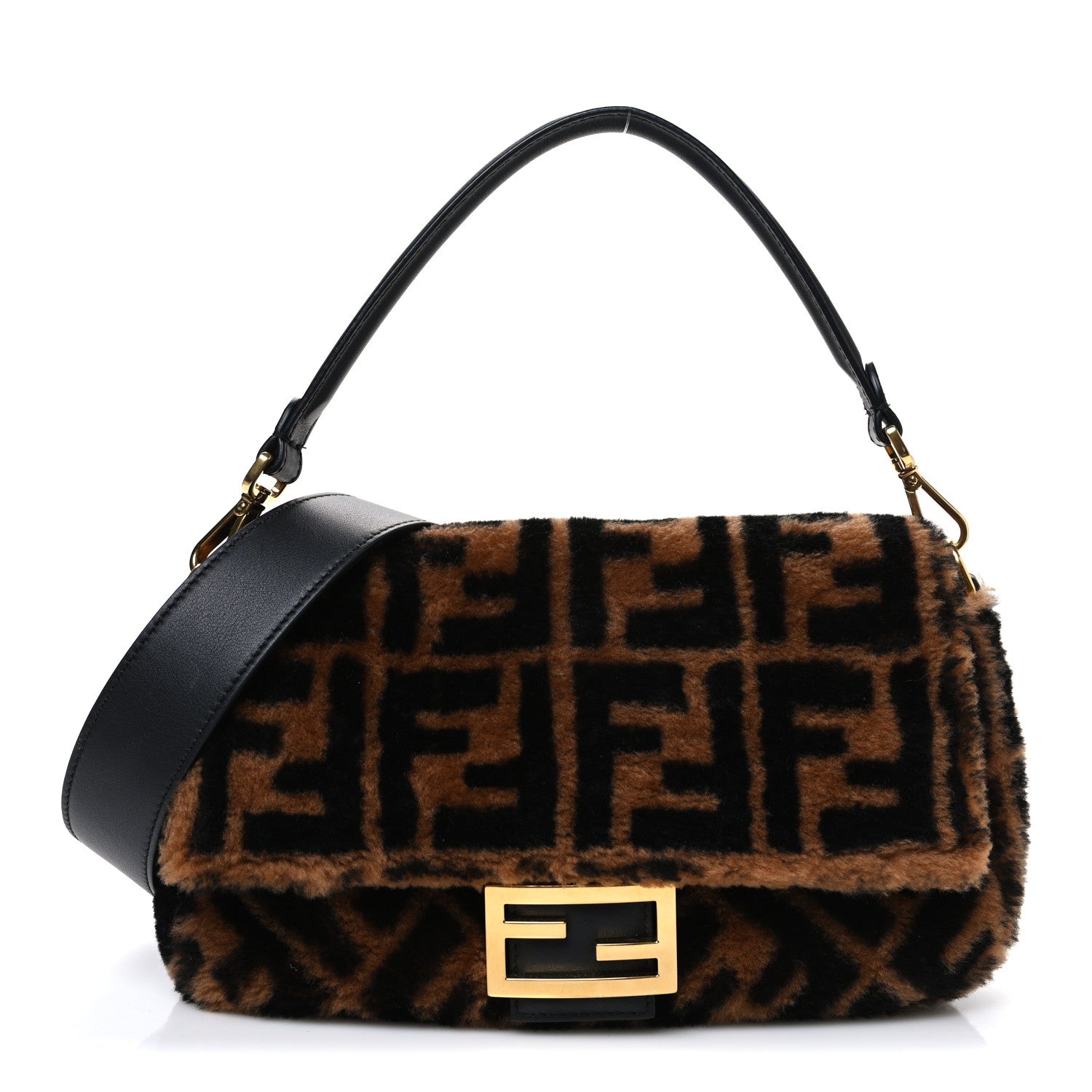 Fendi Shearling Vitello Dolce Macro FF 1974 Baguette Tobacco Black 1 of 10