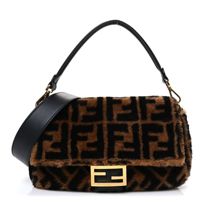 Fendi Shearling Vitello Dolce Macro FF 1974 Baguette Tobacco Black 1 of 10