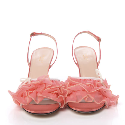 Gucci Tulle Ruffle Mid Heel Slingback Sandals 40 Peach White 2 of 10