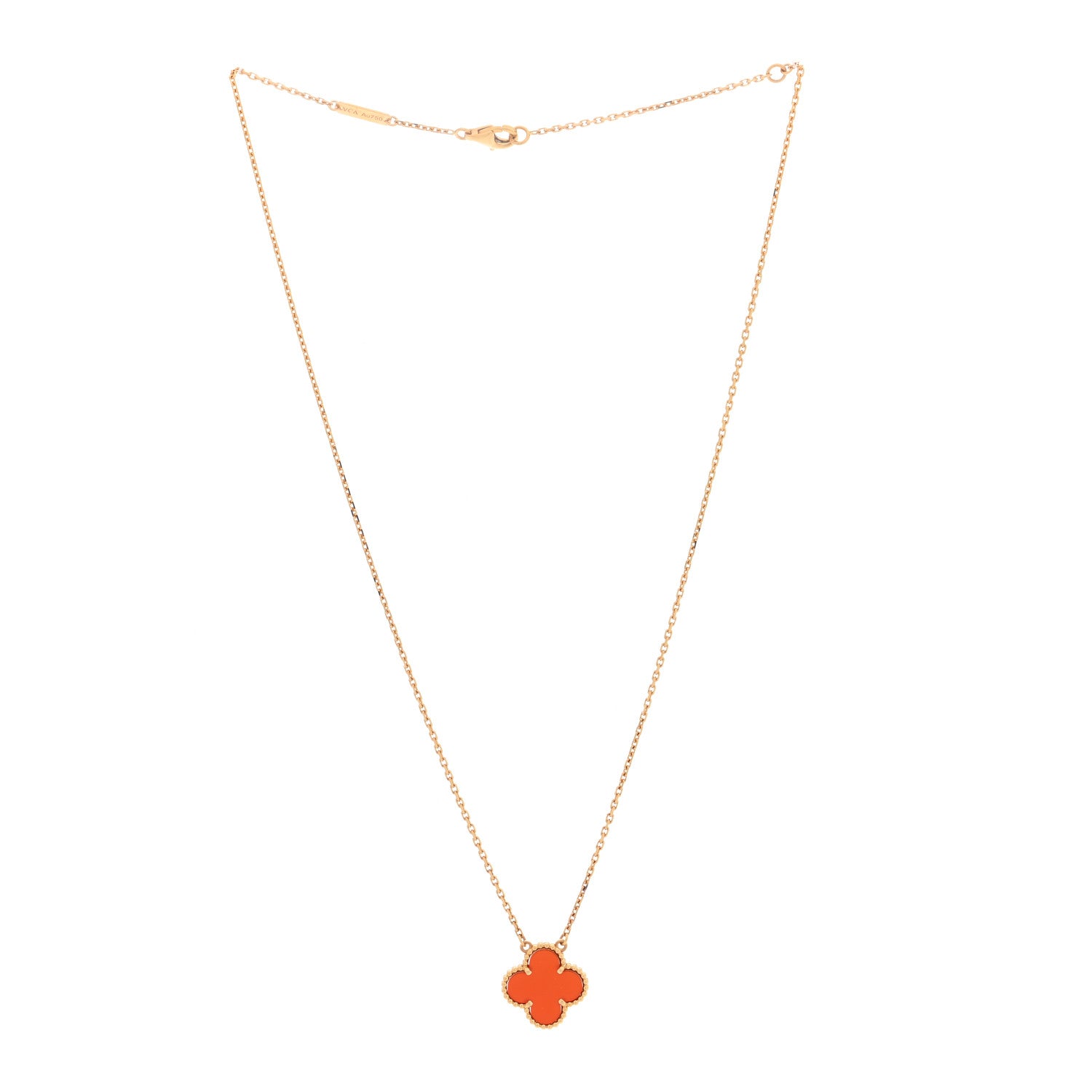 Van Cleef & Arpels 18K Yellow Gold Carnelian Vintage Alhambra Pendant Necklace 3 of 4