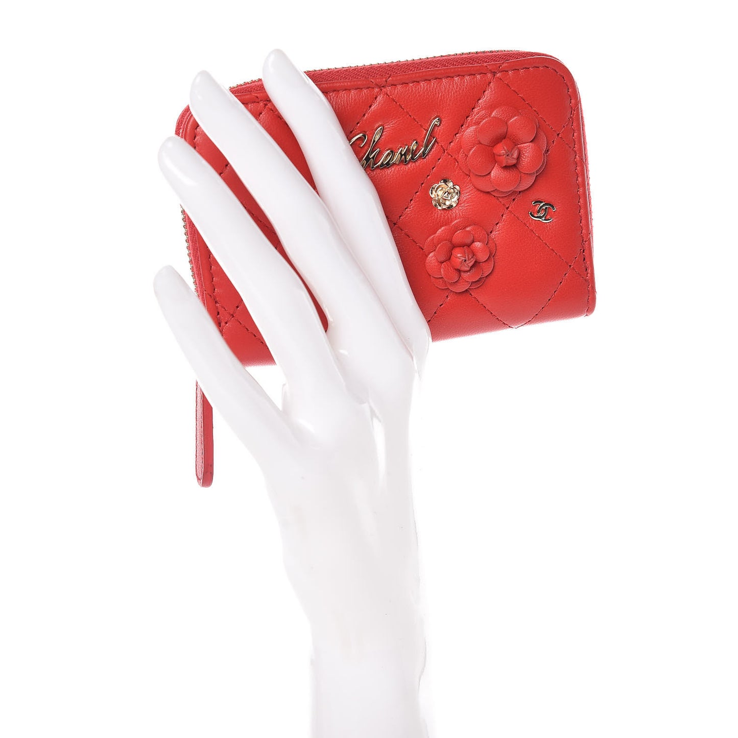 Lambskin Quilted Camellia Zip Coin Purse Red