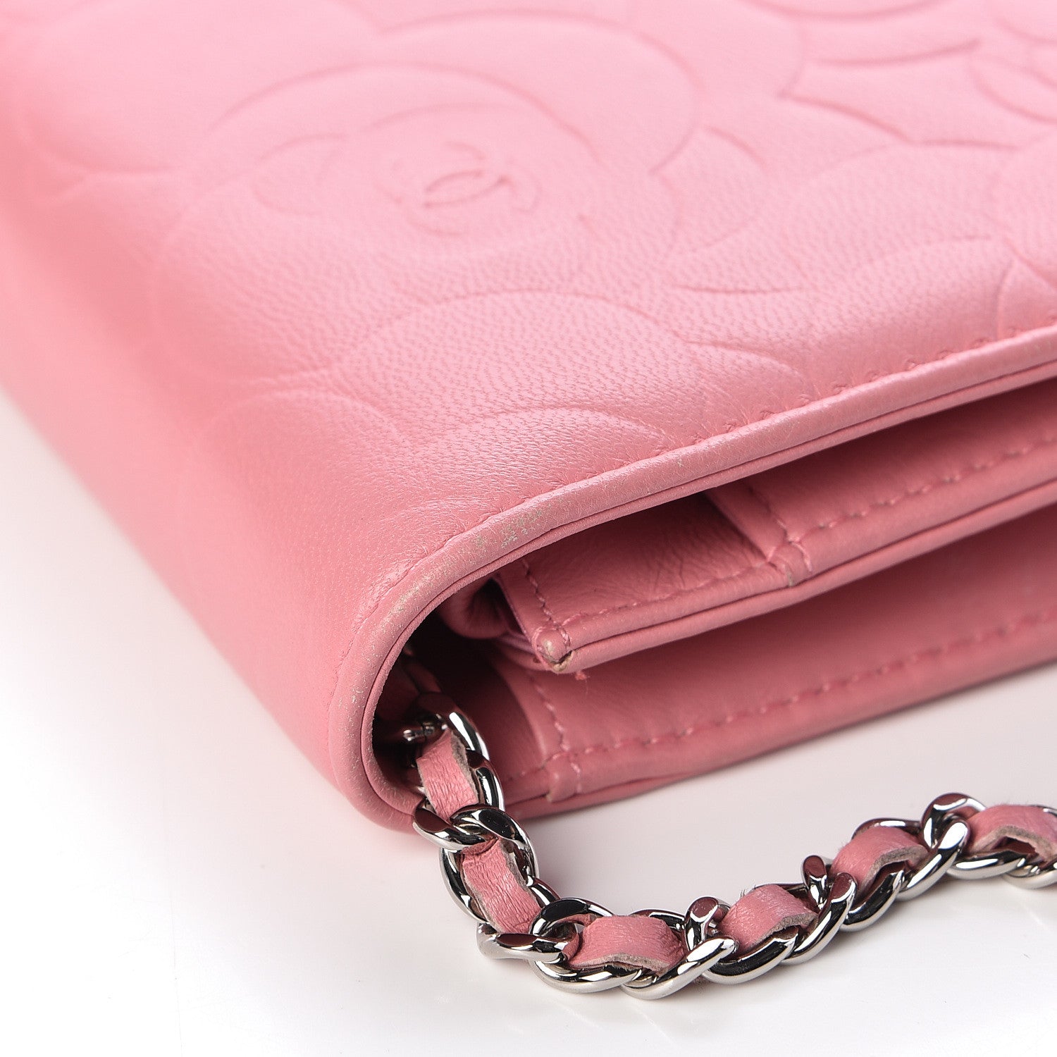 Chanel Lambskin Camellia Embossed Wallet On Chain WOC Pink 14 of 16
