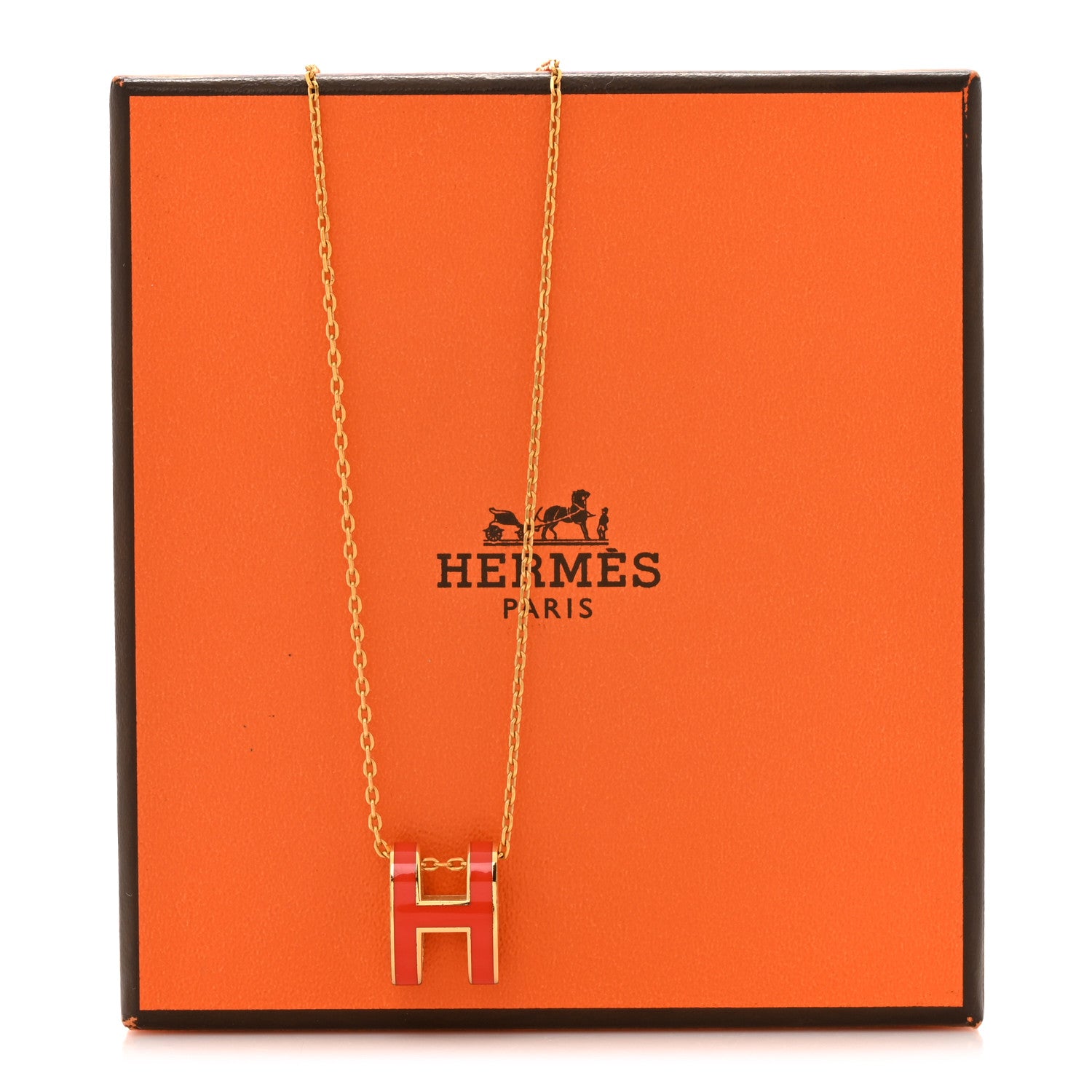 Hermes Lacquered Gold Pop H Pendant Necklace Orange 7 of 7