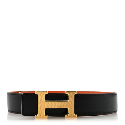 Hermes Box Togo 32mm Guilloche H Belt 90 36 Black Orange 1 of 10