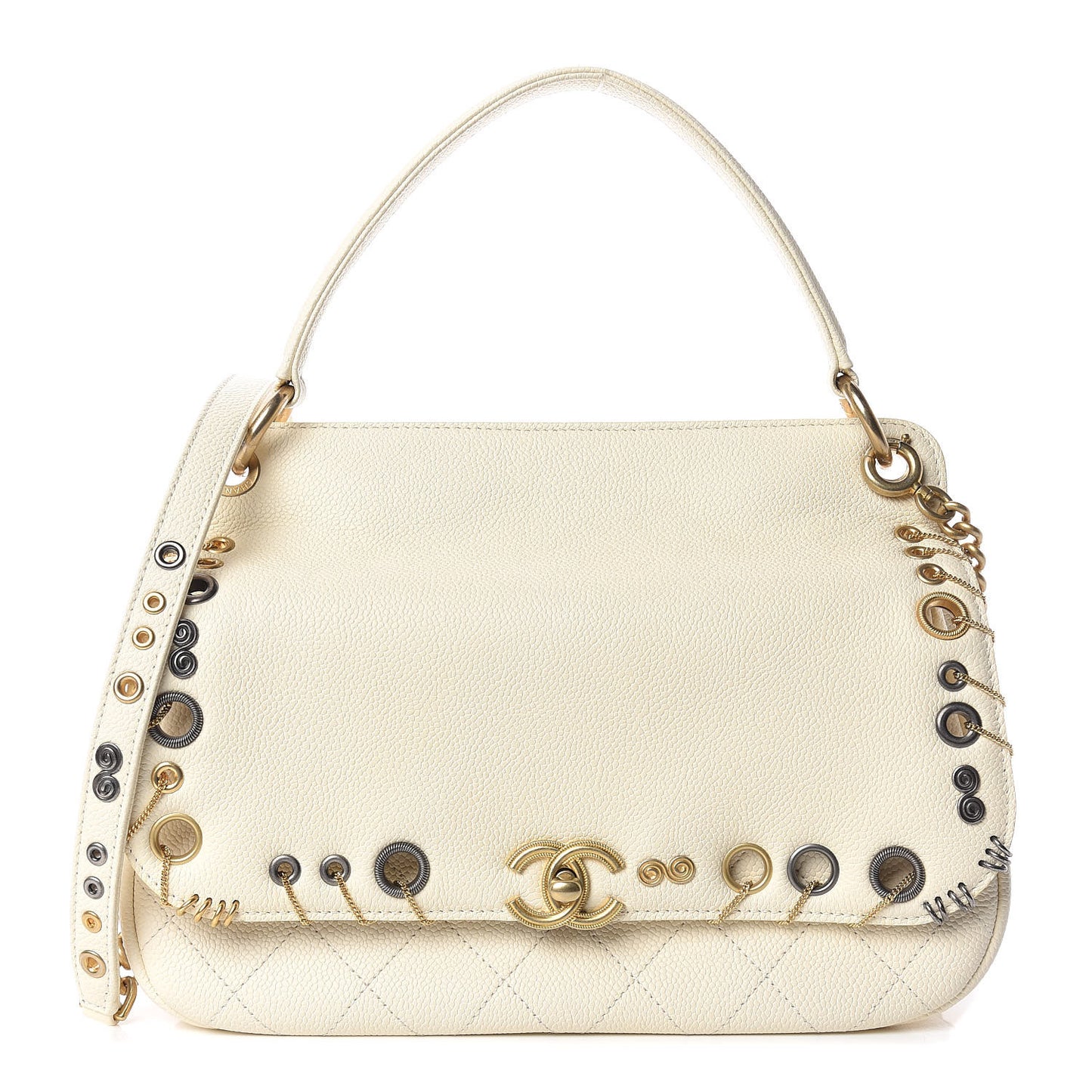 Caviar Quilted Grommet Embellished Piercing Chic Flap Bag Ivory
