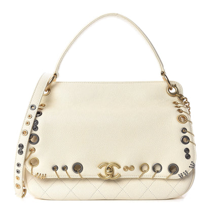 Chanel Caviar Quilted Grommet Embellished Piercing Chic Flap Bag Ivory 1 of 10