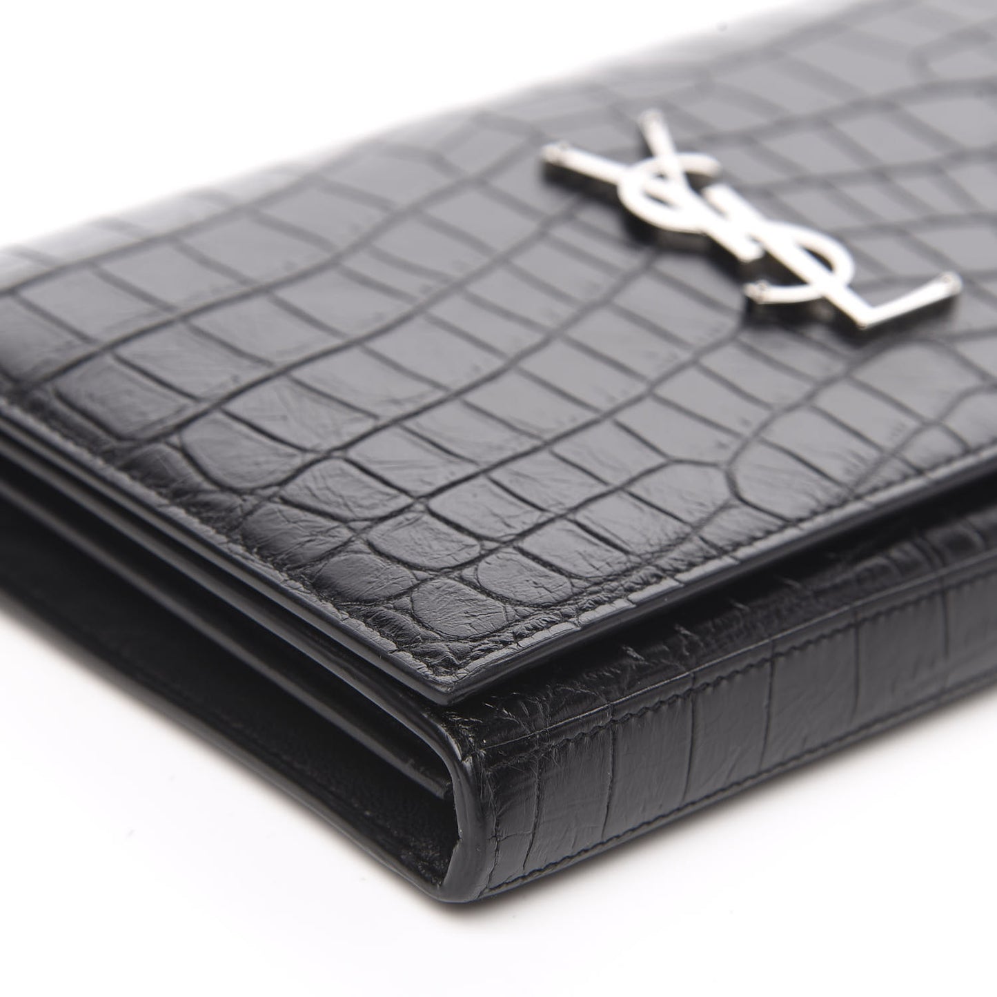 Crocodile Embossed Calfskin Monogram Chain Wallet Black