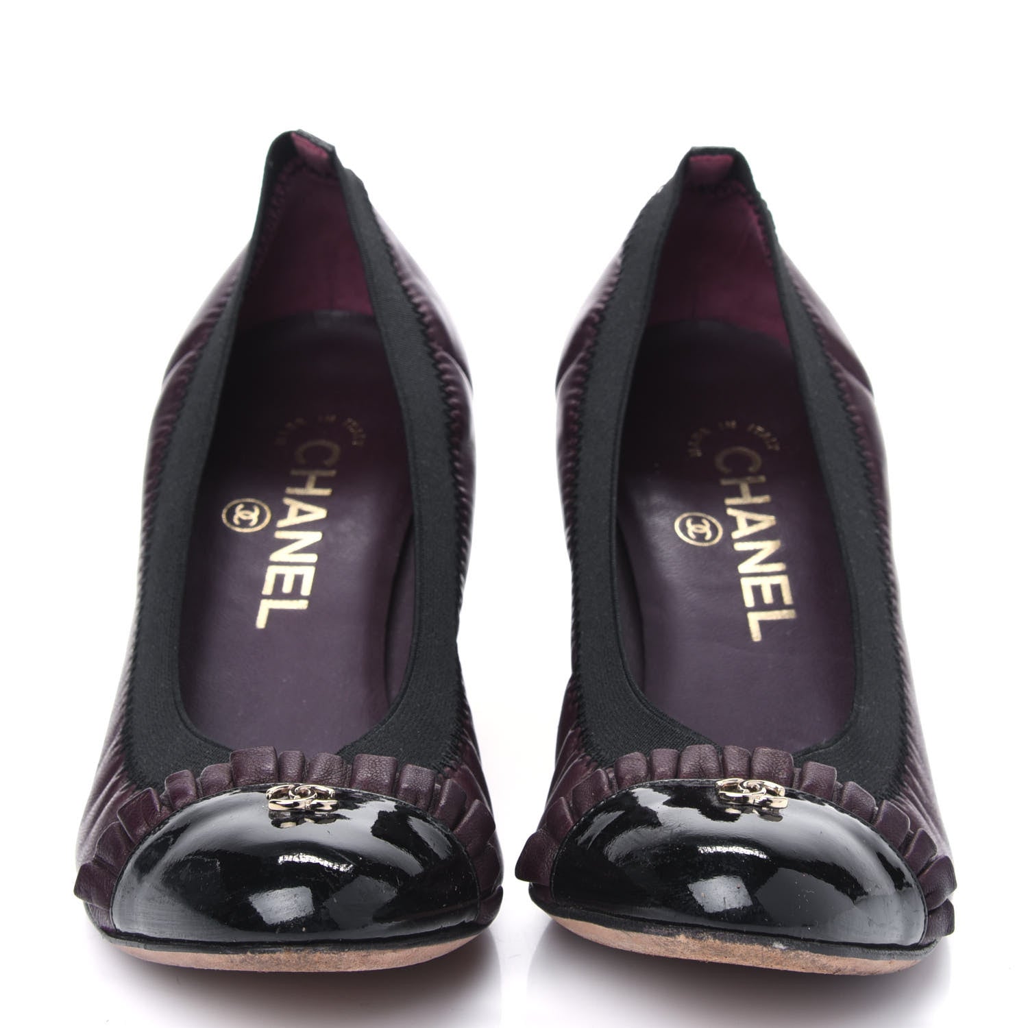 Chanel Lambskin Patent CC Elastic Cap Toe Ballerina Pumps 36 Burgundy Black 2 of 11
