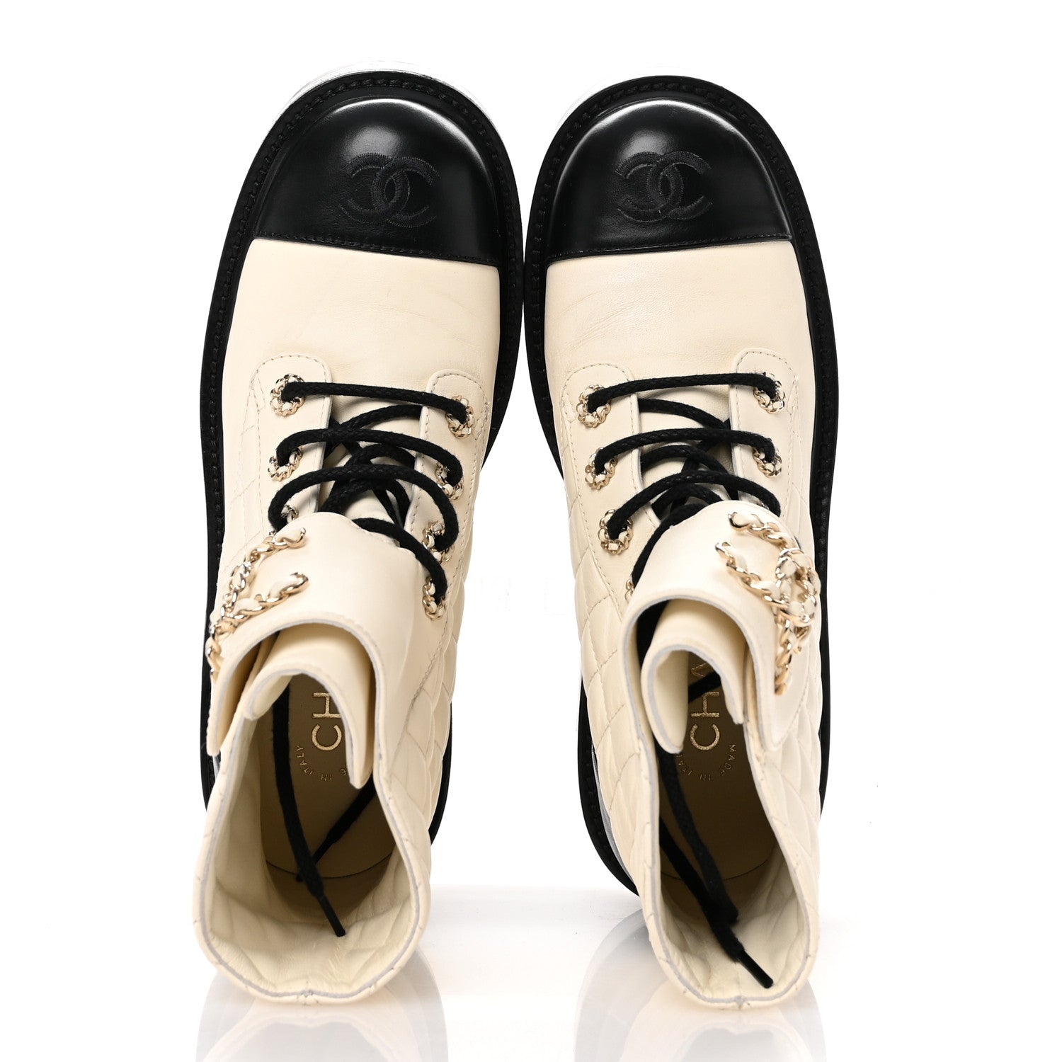 Chanel Shiny Calfskin Quilted Lace Up Combat Boots 37.5 Ivory Black 2 of 11