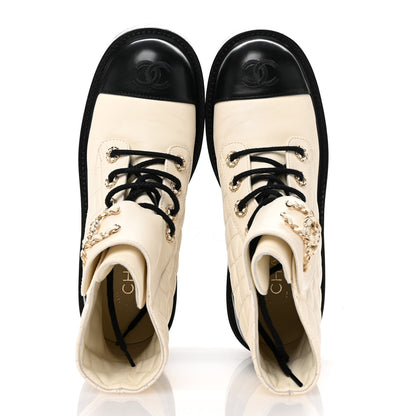 Chanel Shiny Calfskin Quilted Lace Up Combat Boots 37.5 Ivory Black 2 of 11