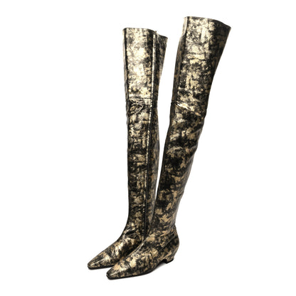Chanel Metallic Lambskin Over the Knee Boots 37.5 Gold Black 3 of 7