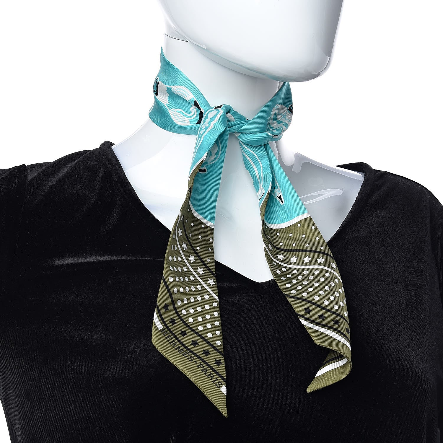 Hermes Silk Les Flacons Bandana Twilly Kaki Turquoise Blanc 2 of 4
