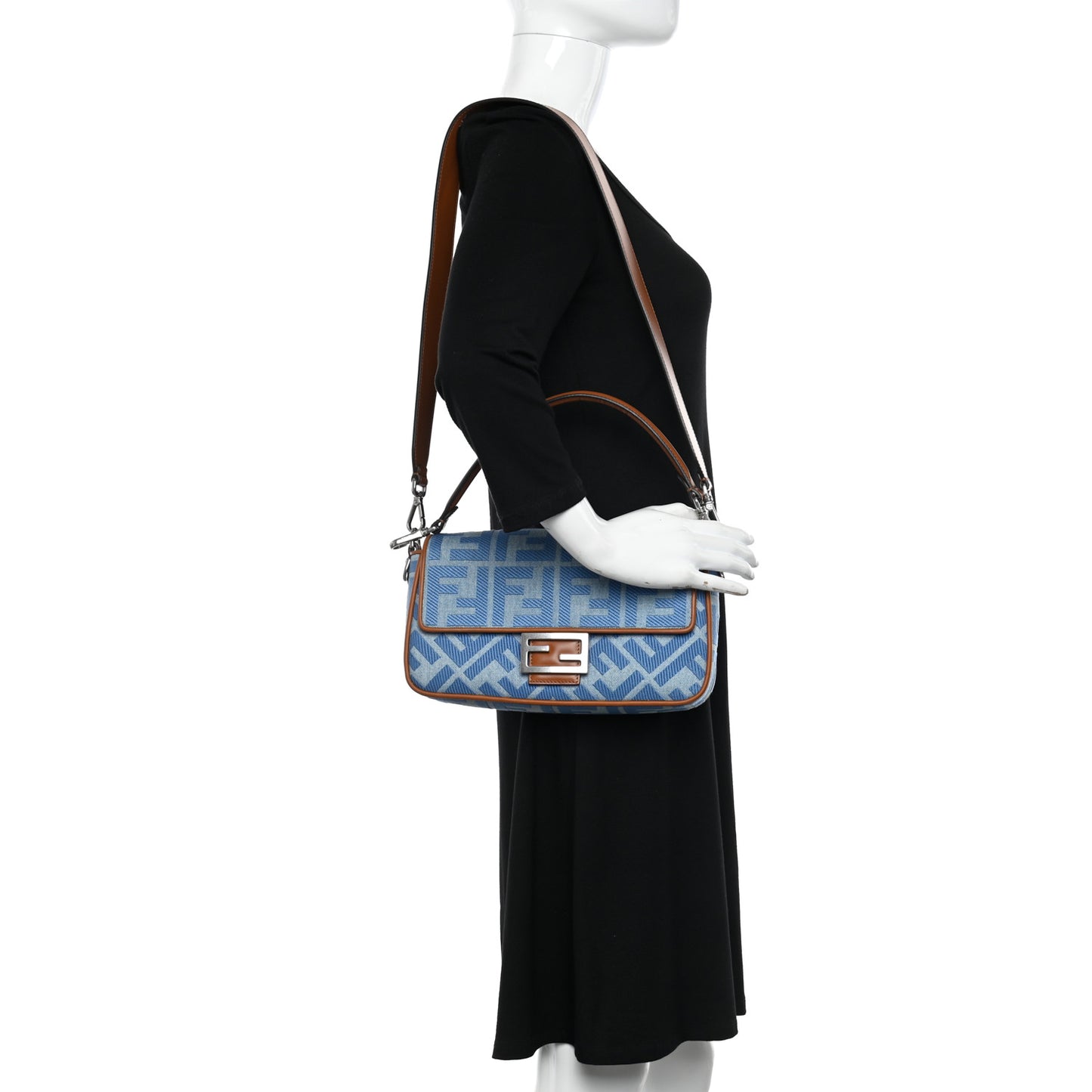 Denim Vitello King FF Embroidered Baguette Denim Chiaro Brandy
