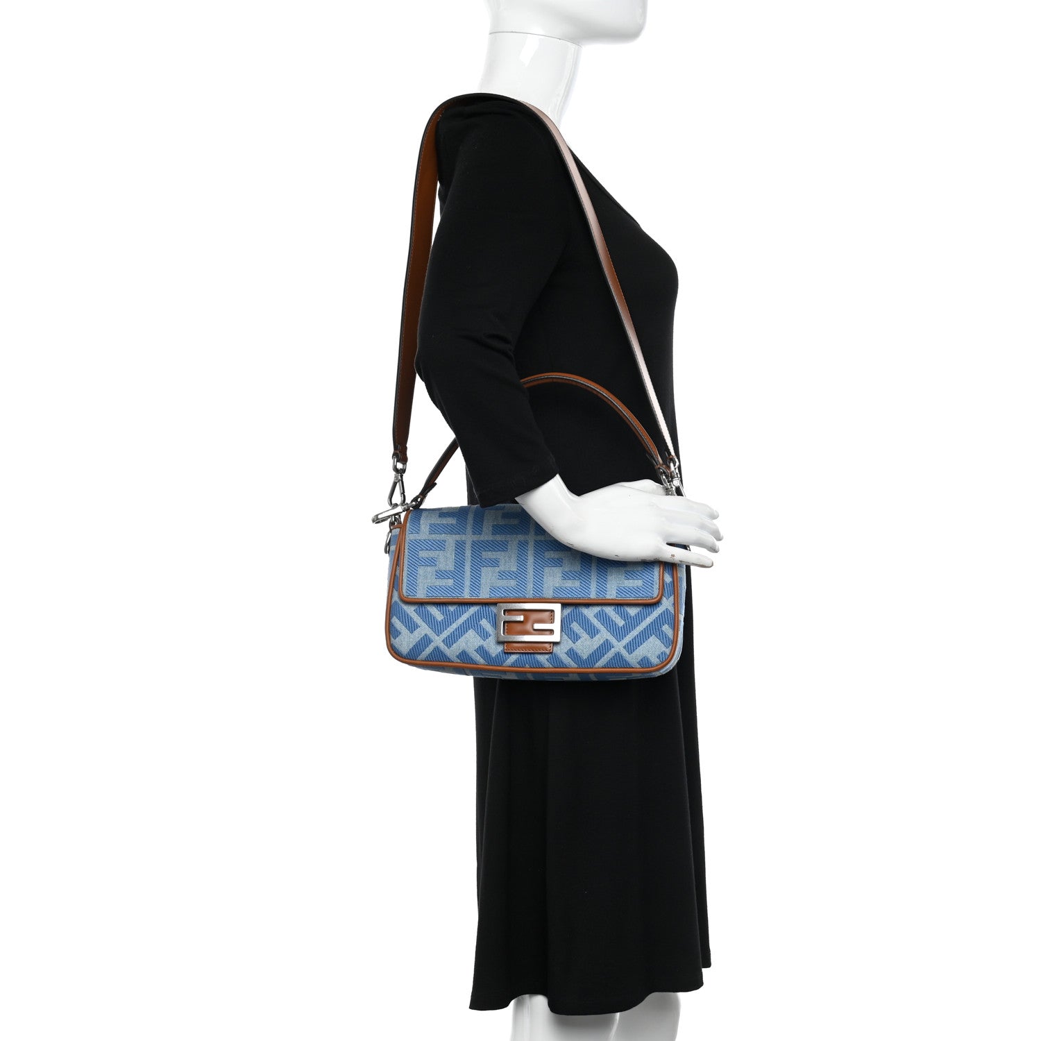 Fendi Denim Vitello King FF Embroidered Baguette Denim Chiaro Brandy 2 of 10