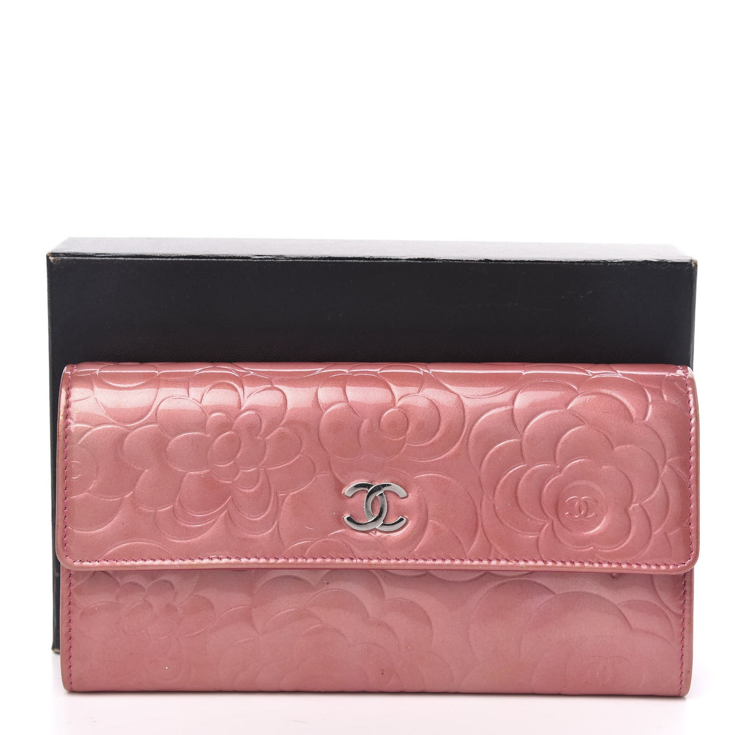 Patent Camellia Embossed Flap Wallet Pink