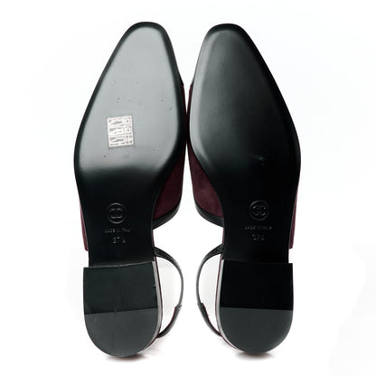 Chanel Suede Patent Crystal CC Cap Toe Slingback Flats 37.5 Burgundy Black 6 of 11