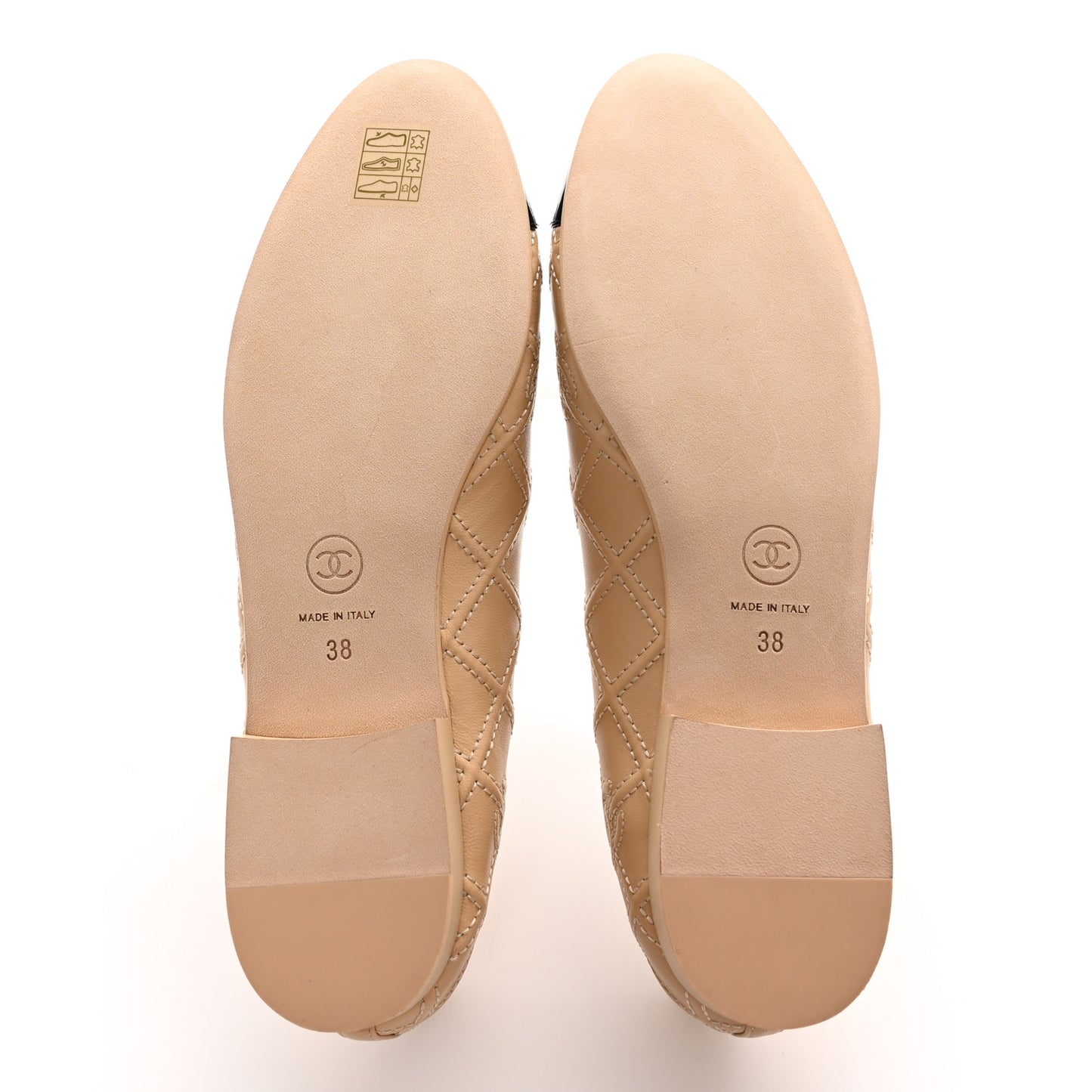 Lambskin Patent Double Stitched CC Cap Toe Ballerina Flats 38 Ivory Black