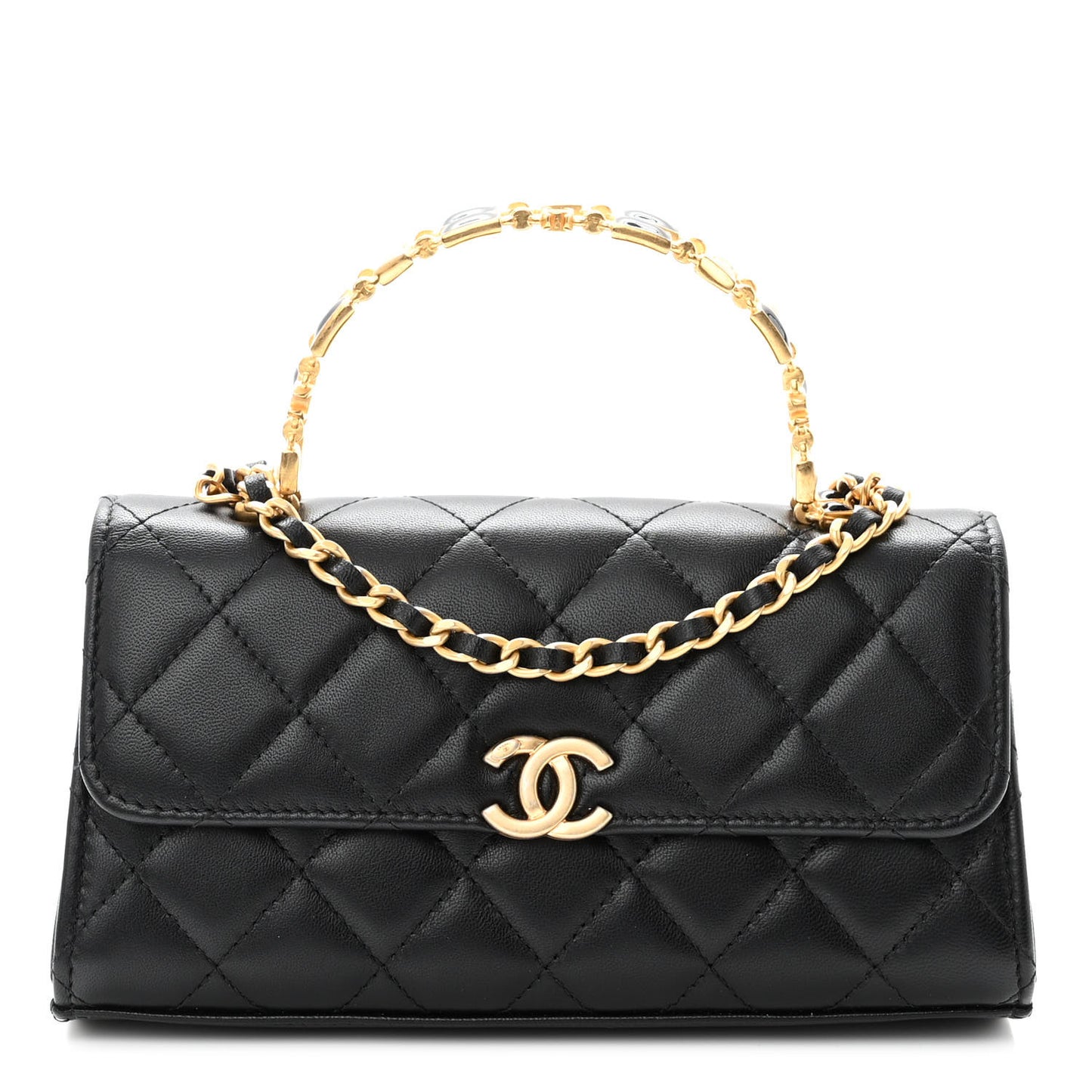 Lambskin Enamel Quilted Top Handle Flap Phone Holder With Chain Black
