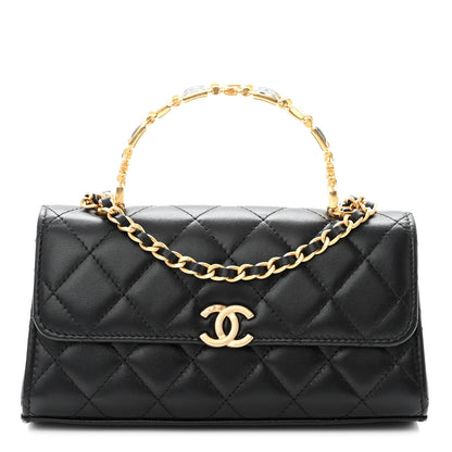 Chanel Lambskin Enamel Quilted Top Handle Flap Phone Holder With Chain Black 1 of 11