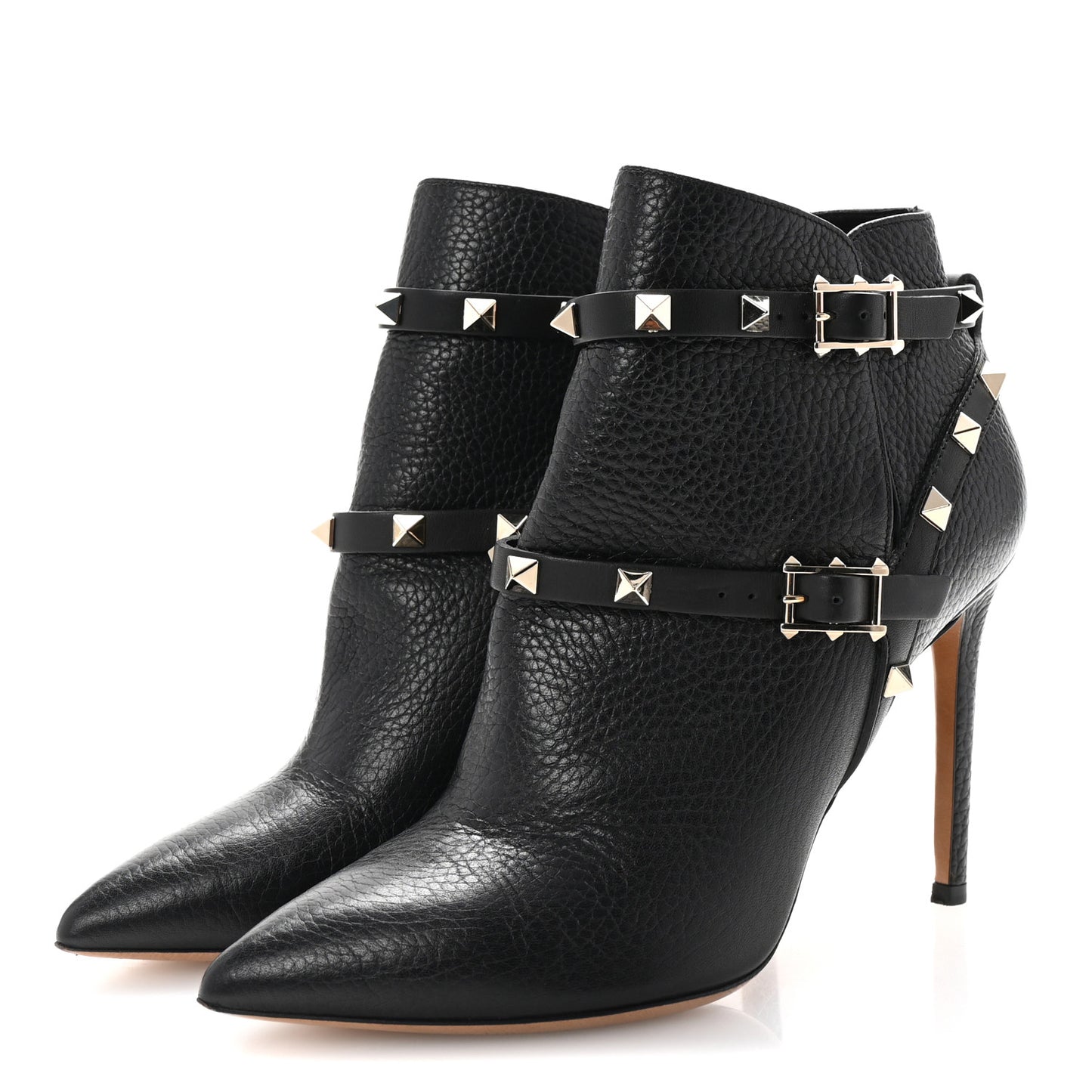 Grained Calfskin Rockstud Double Buckle 100mm Ankle Boots 36.5 Black