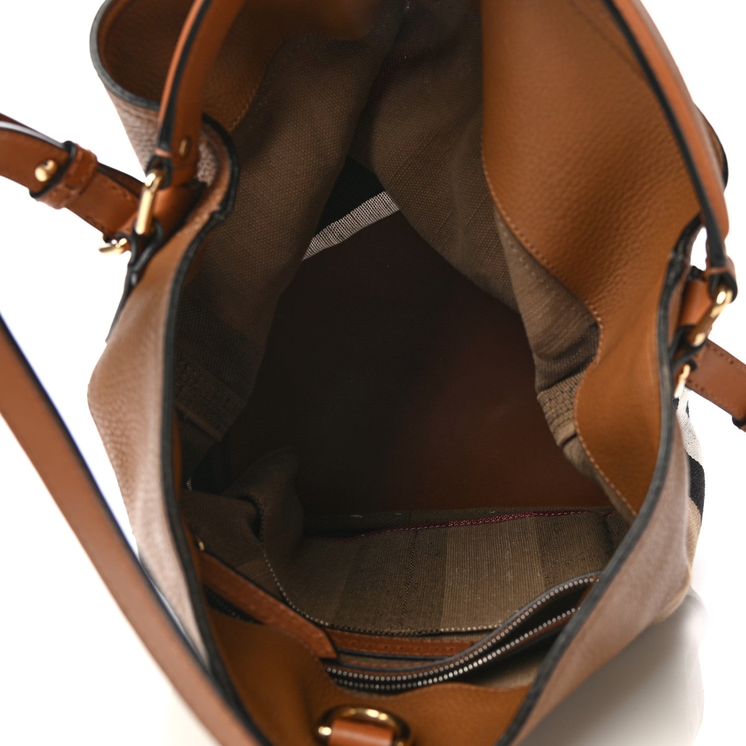 Burberry Grainy Calfskin Canvas Mega Check Medium Ashby Tassel Hobo Saddle Brown 5 of 13