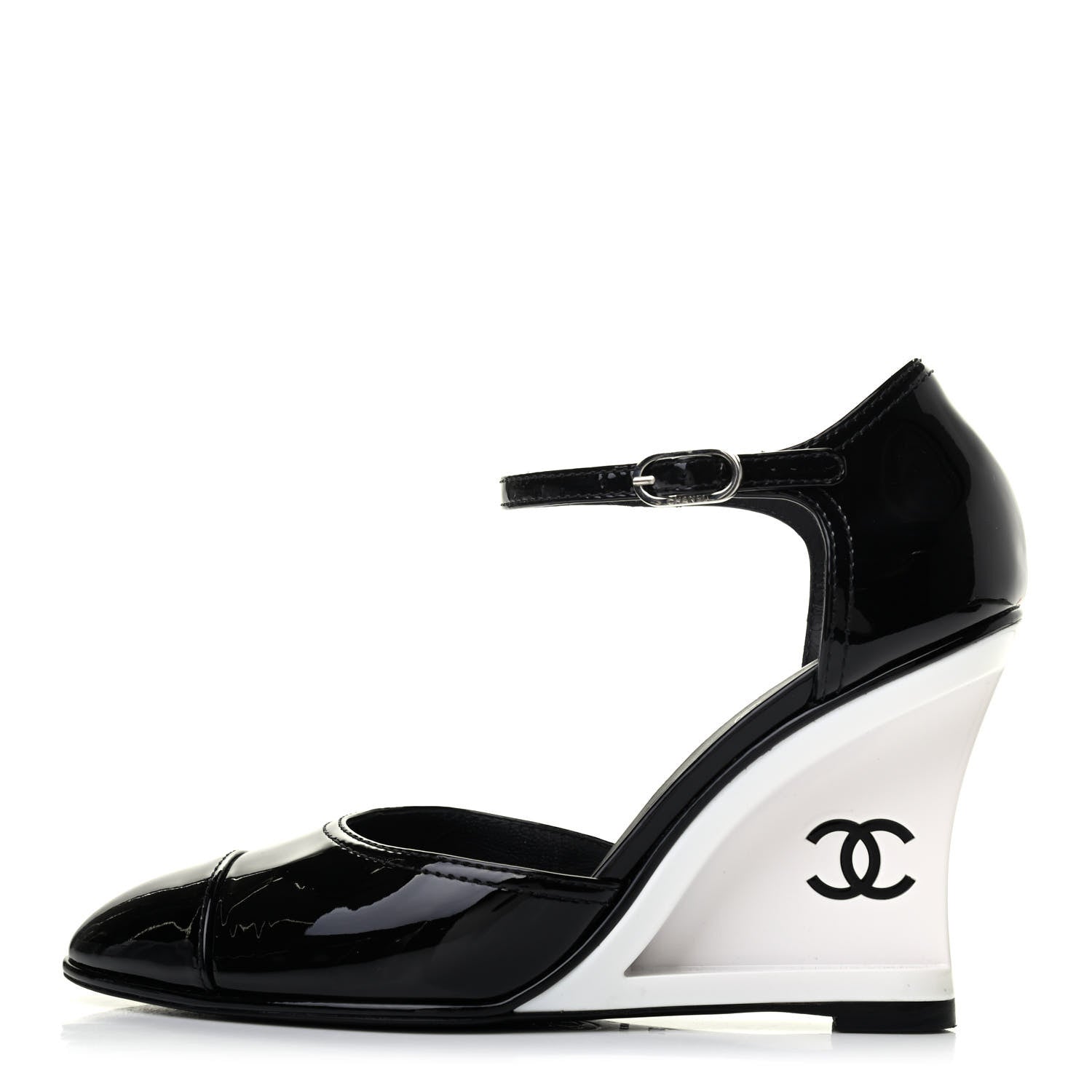 Chanel Patent Cap Toe CC Wedge Pumps 37.5 Black White 1 of 4