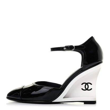 Chanel Patent Cap Toe CC Wedge Pumps 37.5 Black White 1 of 4