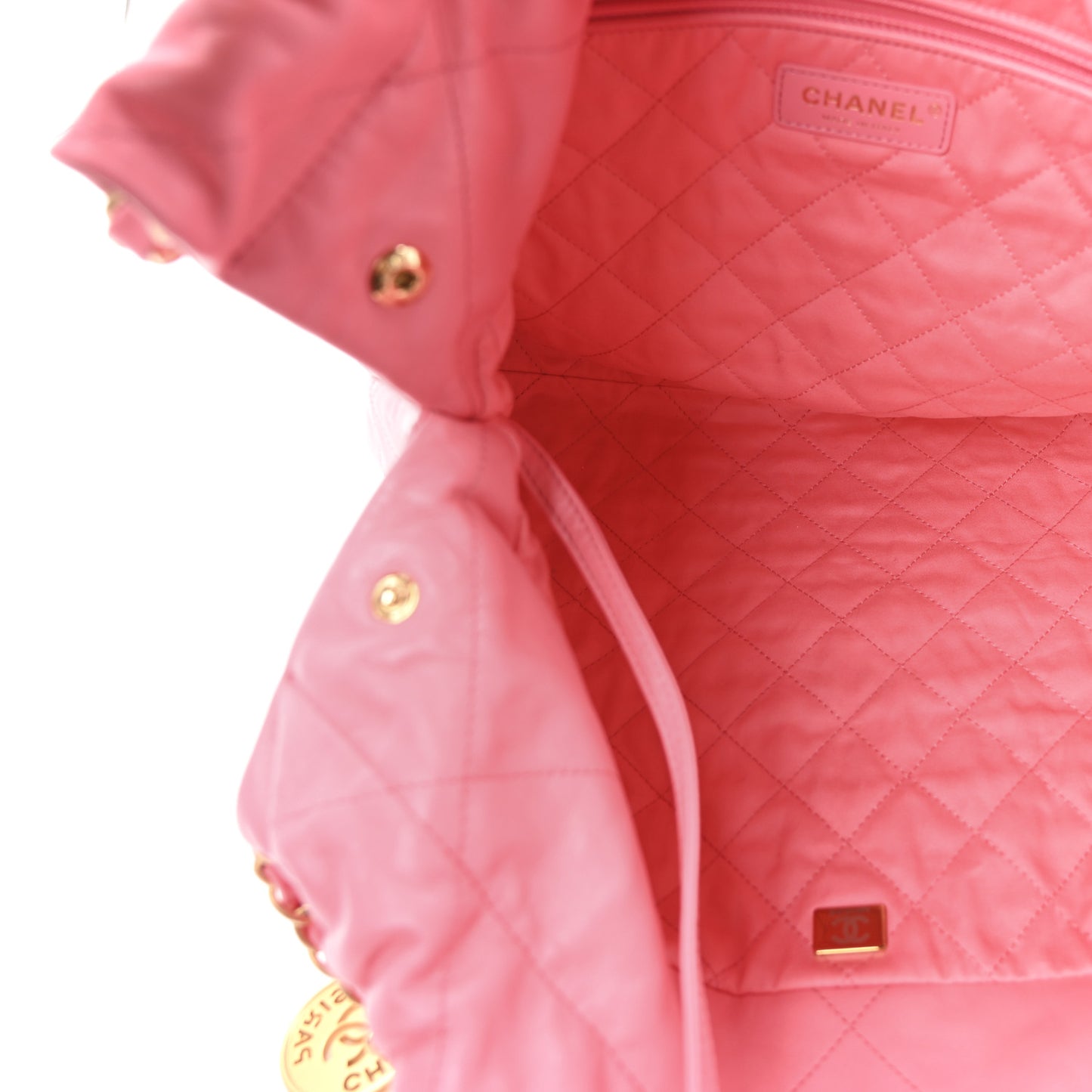 Shiny Calfskin Quilted Chanel 22 Drawstring Bag Coral Pink