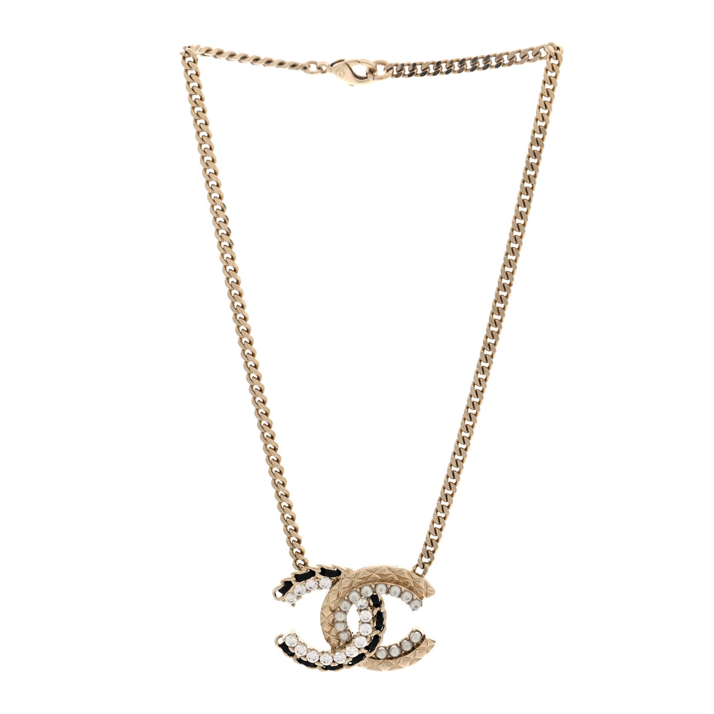 Metal Pearl Crystal Lambskin CC Chain Necklace Gold Black White