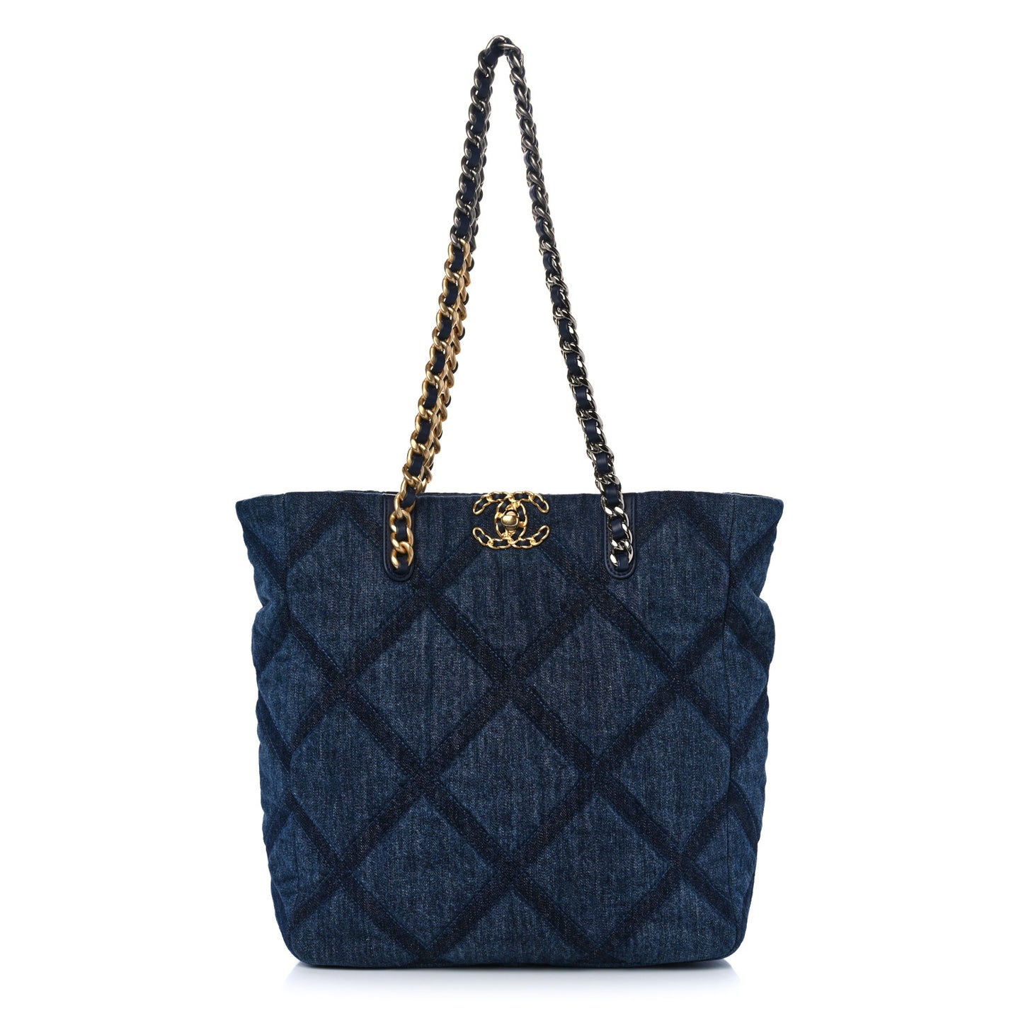Denim Quilted Chanel 19 North South Shopping Bag Blue