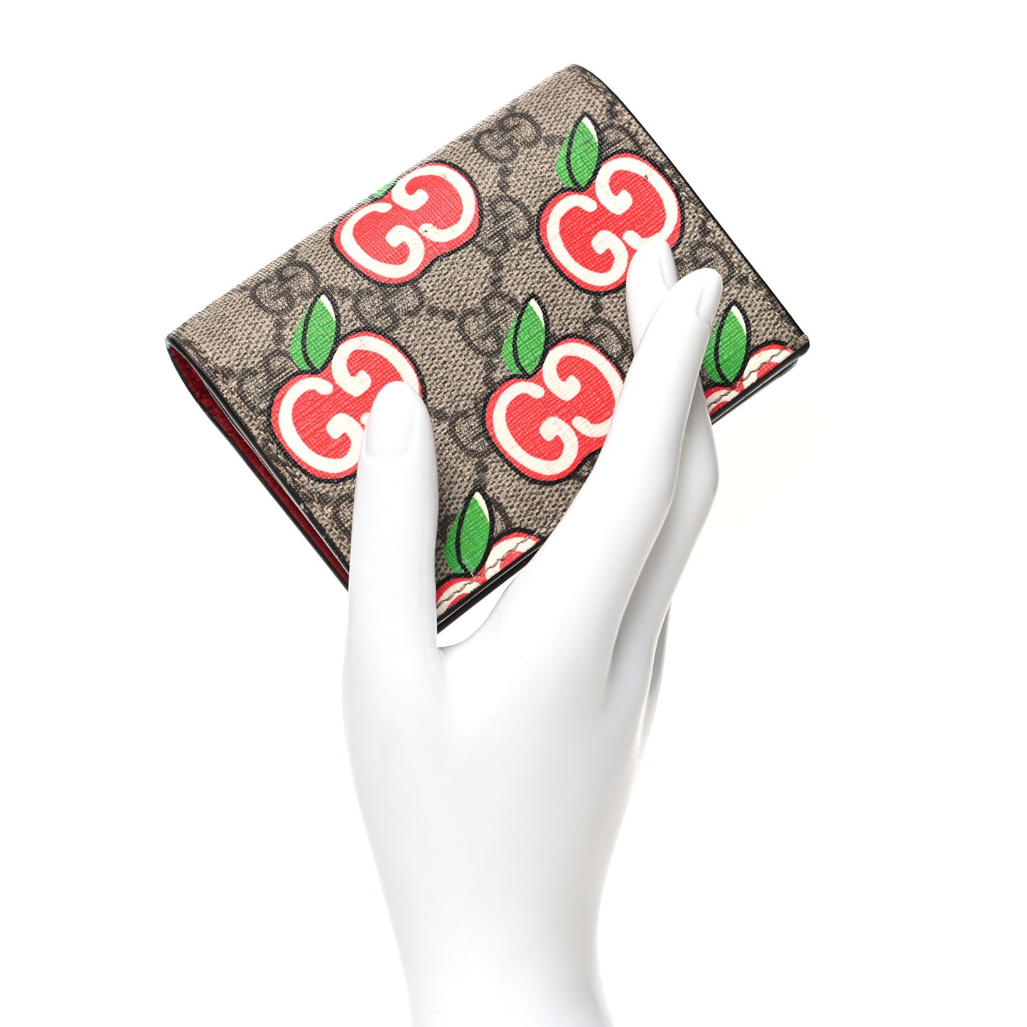 GG Supreme Monogram Apple Card Case Wallet Beige Multicolor Lobster Red