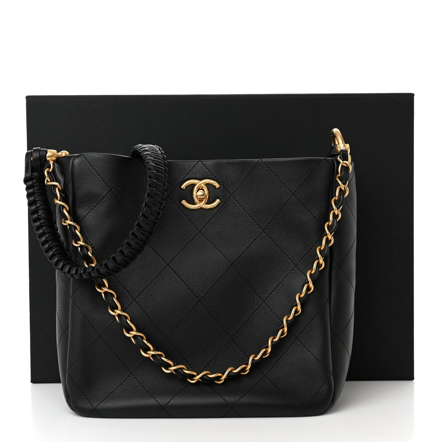 Calfskin Quilted Framing Chain Hobo Black