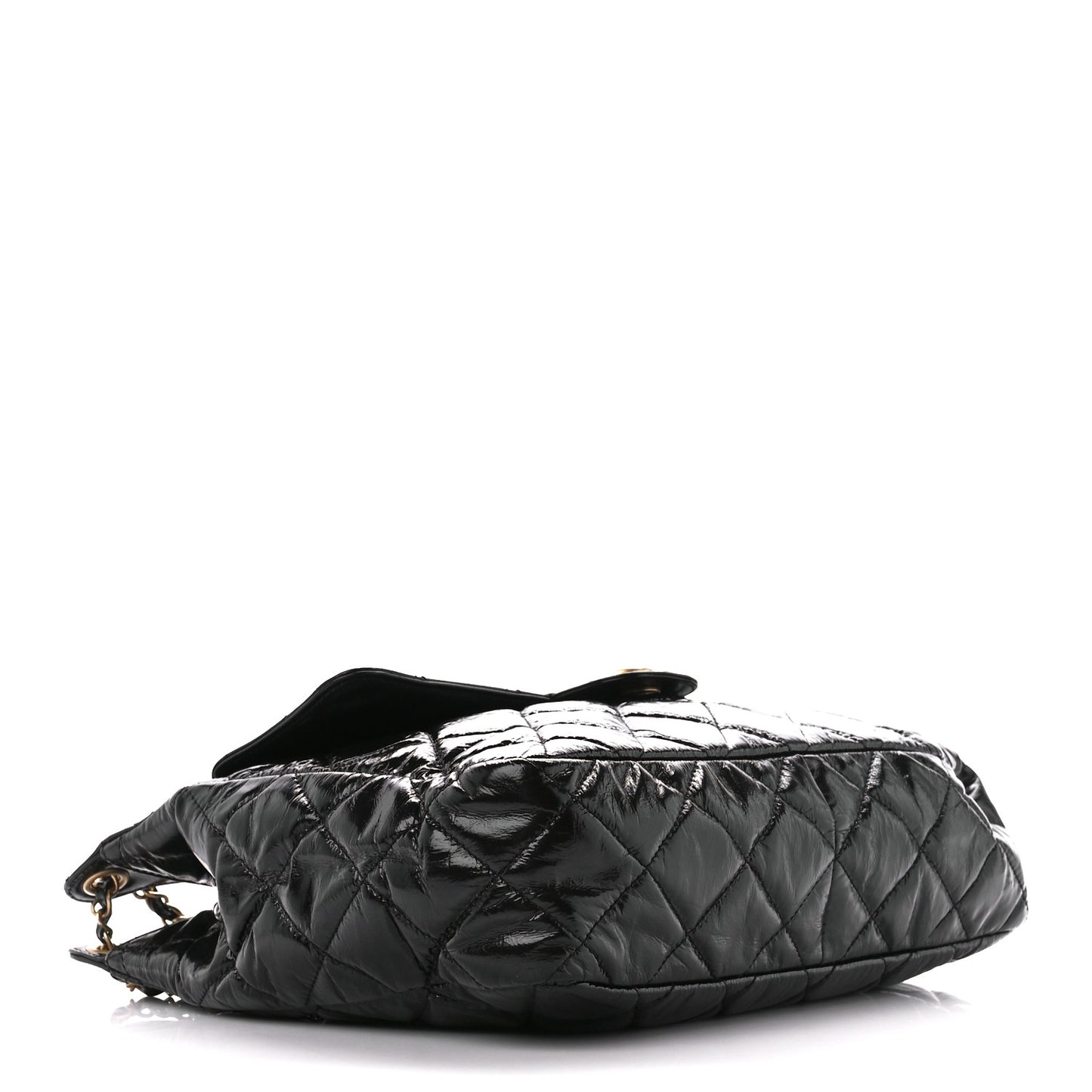 Shiny Crumpled Calfskin Quilted Large Wavy CC Hobo Black