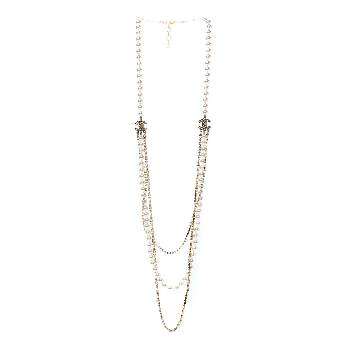 Pearl Crystal Multi Strand CC Long Necklace Gold