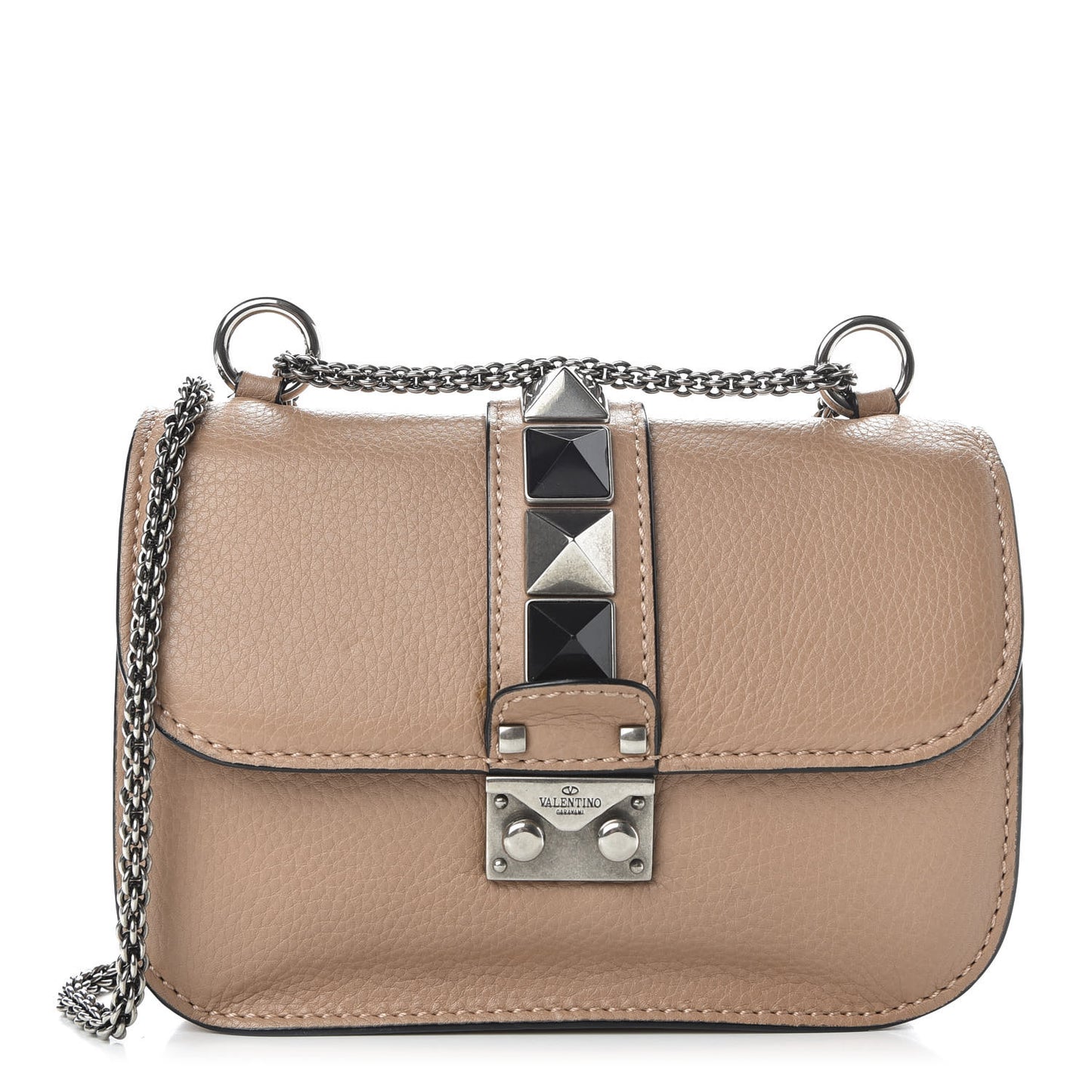 Pebbled Calfskin Small Glam Lock Rockstud Flap Soft Noisette