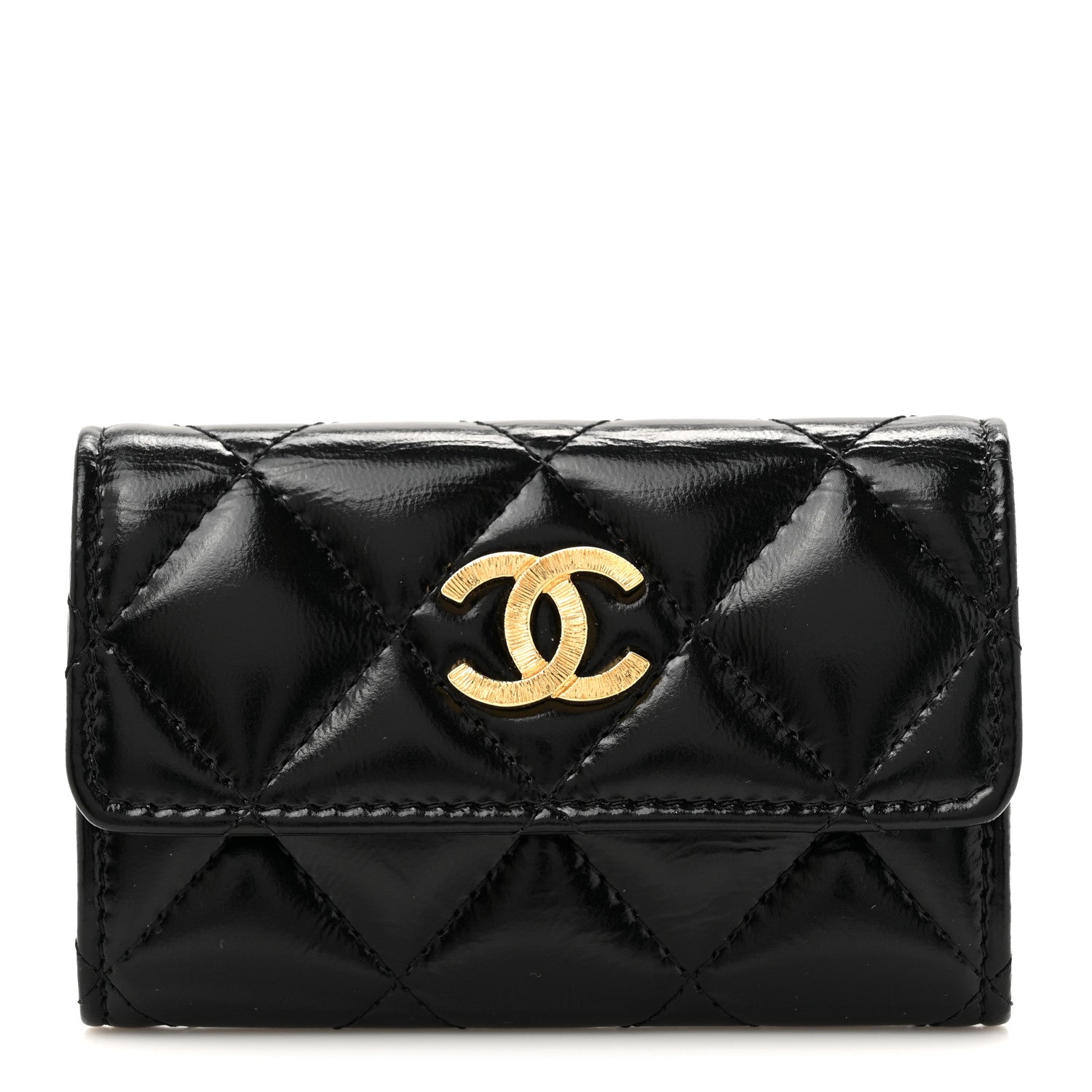 Chanel Shiny Lambskin Quilted Textured CC Card Holder Black 1 of 8