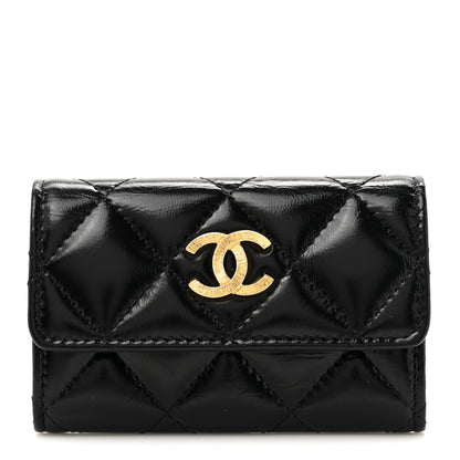 Chanel Shiny Lambskin Quilted Textured CC Card Holder Black 1 of 8